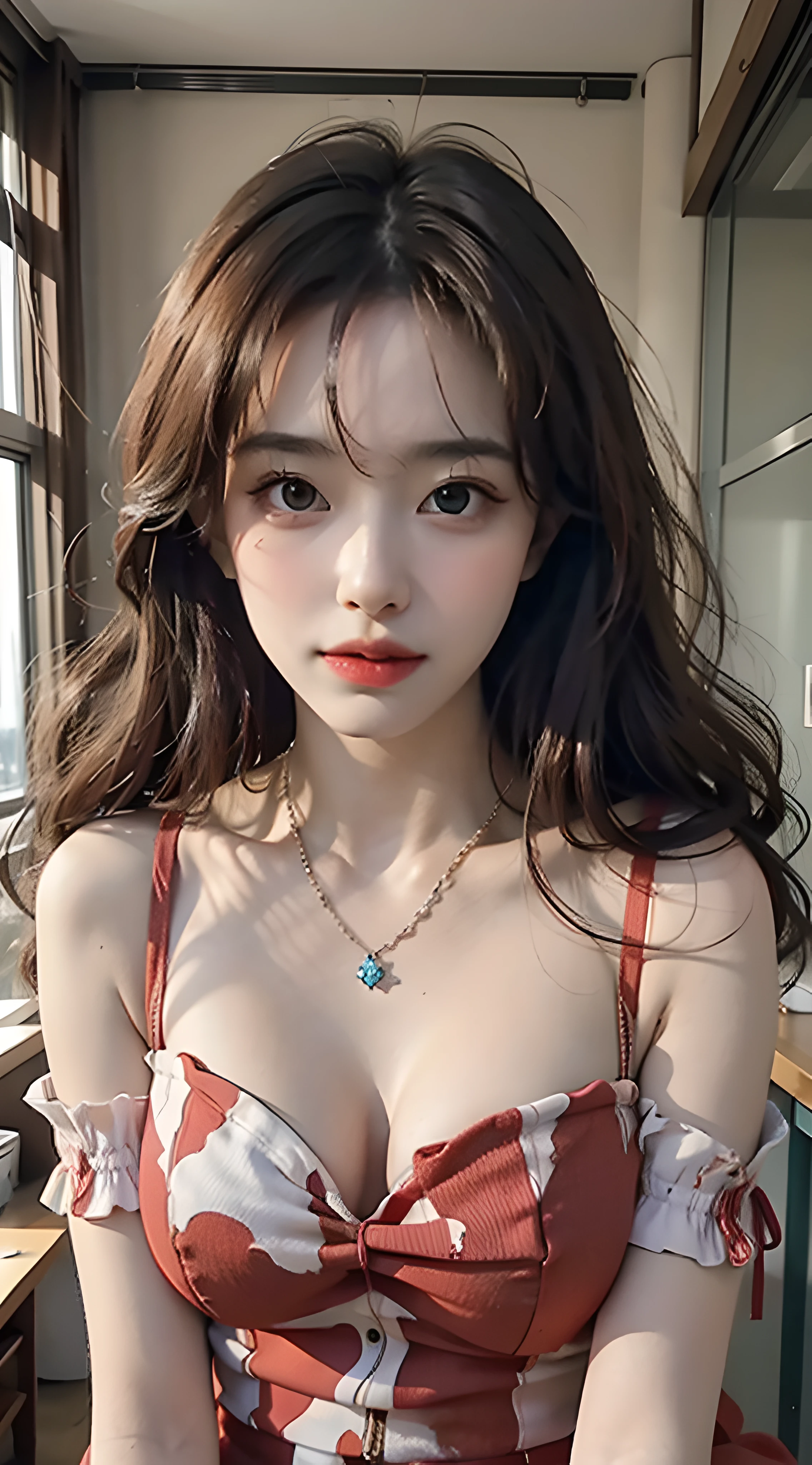 Random posture,1Girl,flirting,beautiful,lip,realisitic,a photo of_\(medium\),soio,(Masterpiece),(realisitic:1.3),The ultra-detailliert,(High Definition Skin:1.2),(Best Quality:1.0), (The ultra-Highres:1.0), (ulzzang-6500:0.3), beautiful and clear eyes, delicate necklace,sunshine, (Delicate makeup is beautiful), (Sexually aroused blush, heavy breathing,:1.0) , Mix 4, s whole body, red dress