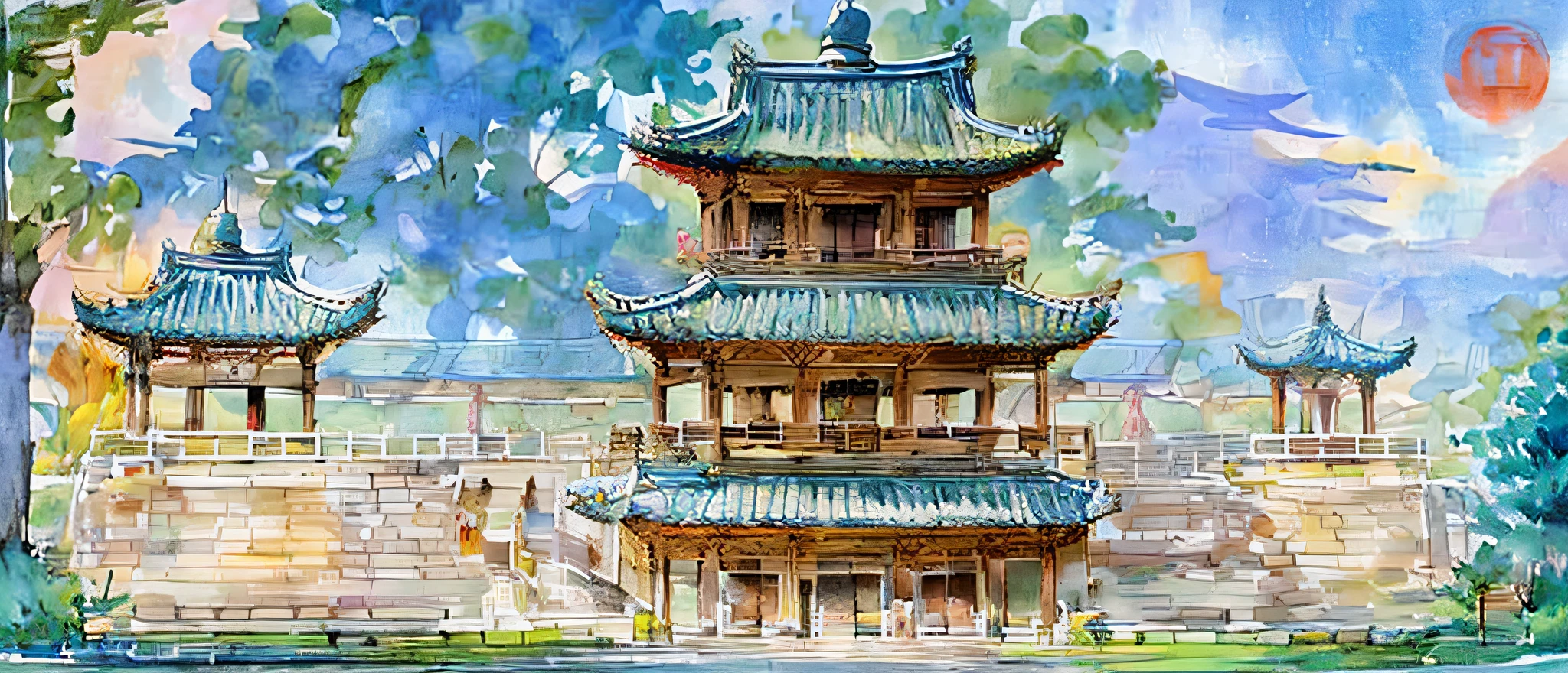 Draw a building,There is a pagoda on it, digital painting of a pagoda, Chinese style buildings, Chinese architecture, Ancient Chinese architecture, Tang Dynasty Palace, buddhist architecture, Inspired by Yang Buzhi, traditional art, colorful architectural drawing, Oriental art style, architectural painting