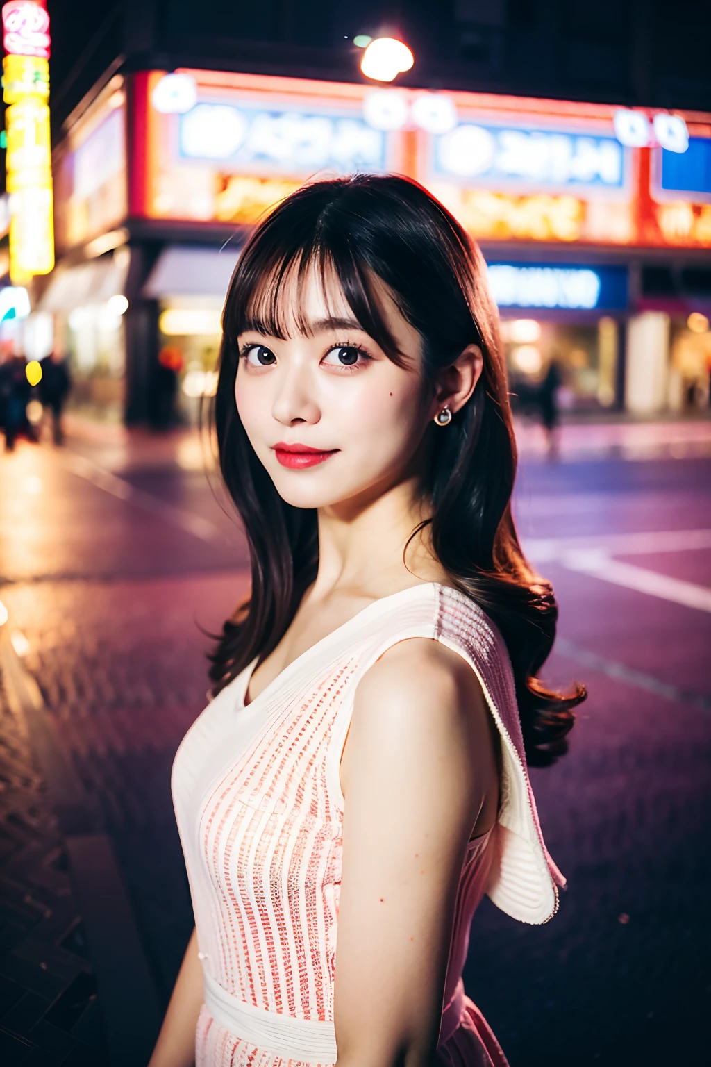 best quality ,masterpiece,ultra high res,(photo realistic:1.4), 1 girl, looking at viewer, Wearing mini dress, japanese famous actress, very beautiful,kawaii, Cinematic, 35mm lens, f/ 1. 8, accent lighting, 8k, in japanese city