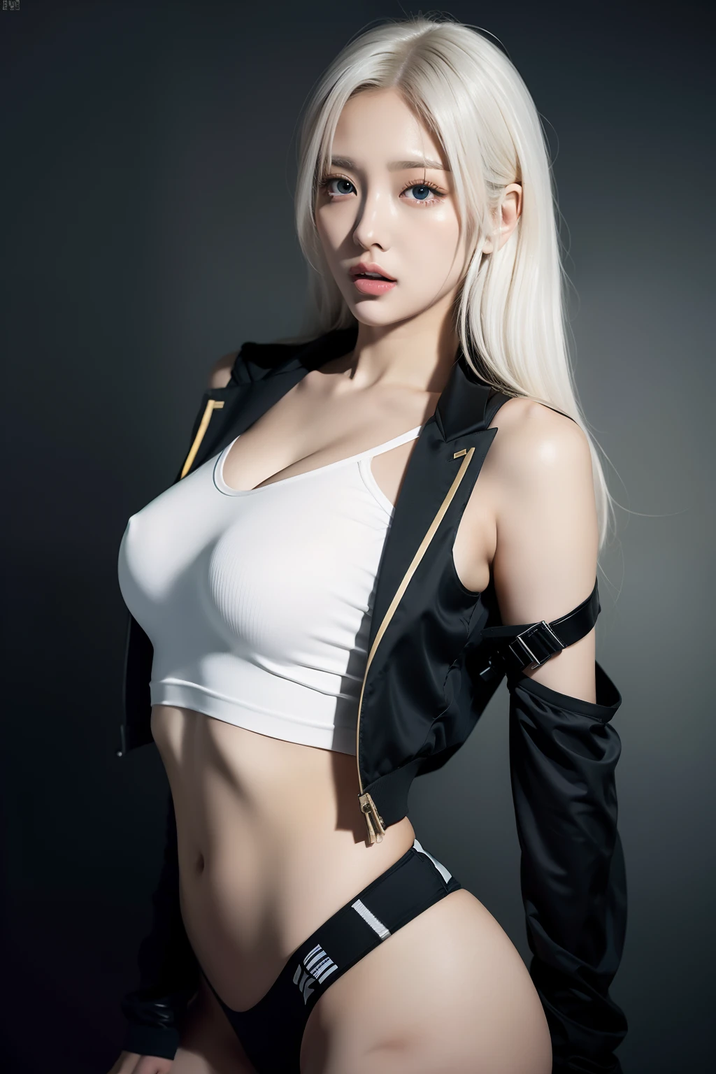 soldier suit girl, gun, superlative, masterpiece, seduction, full body, heavy makeup, hair ties, slightly open mouth, big eyes, glossy, very pretty face, slender waist, sex pack, light white hair