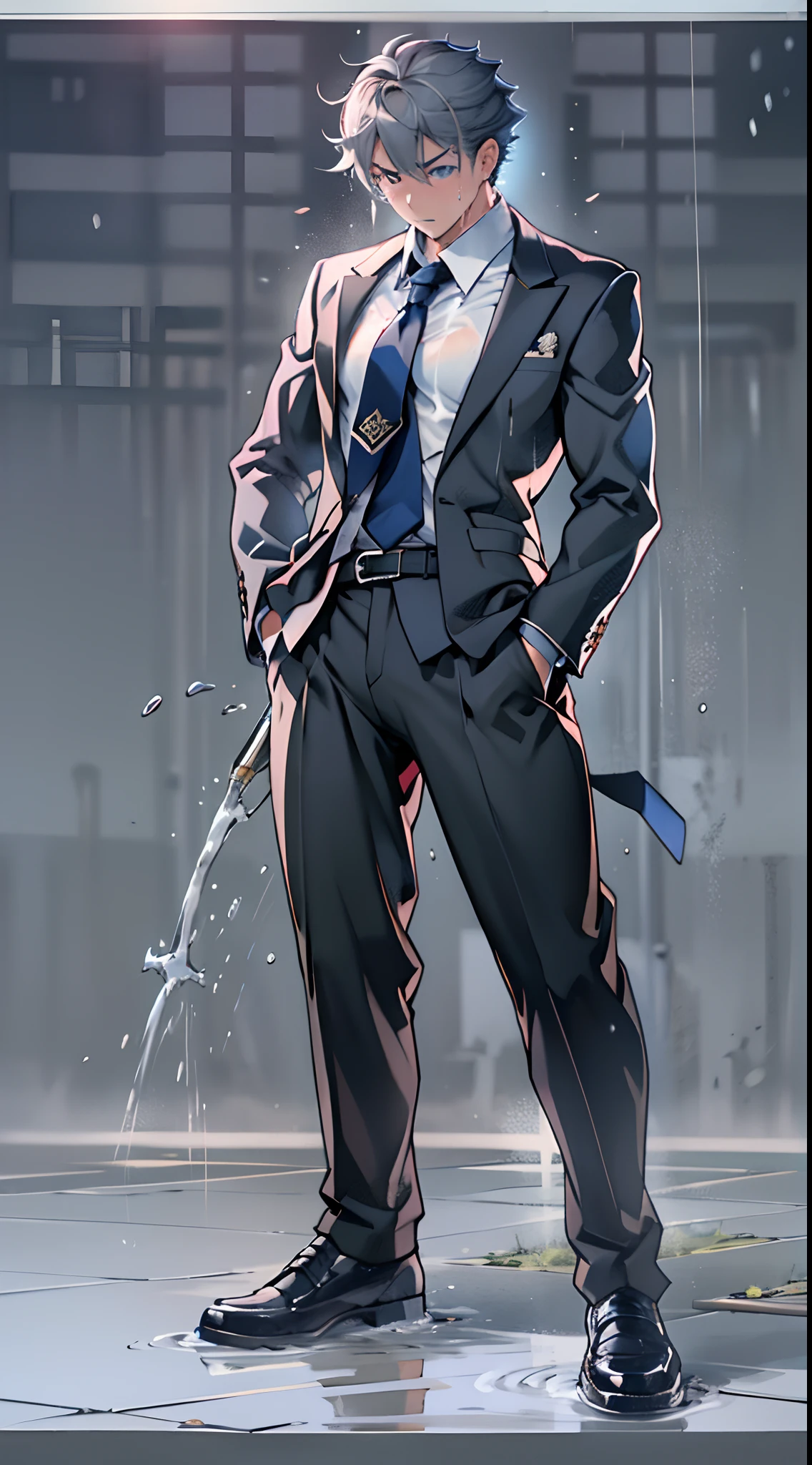(1 Adult male),A high resolution, Sharp focus, Pixiv masterpiece, ((Complicated details)), highly detailed, natsuki_subaru,Multi-view upper body,Suit pants view, 1 man,is shy,Pee on the legs,pissing,Urine runs down the thighs,embarressed,exhilarated,is shocked,panicking,worry,A small puddle of their own urine forms around the feet,full bodyesbian,kneels on the ground,Very eager to pee,It's uncomfortable,Wet yourself,Urine discharge, Sweaty crotch,Drenched,rain,The shirt is soaked,(A gesture of pleading),blue color eyes(eyes glowing), Short gray hair,white shirt,Wear a tie,Wear a belt,Black suit trousers,perspire,look from down