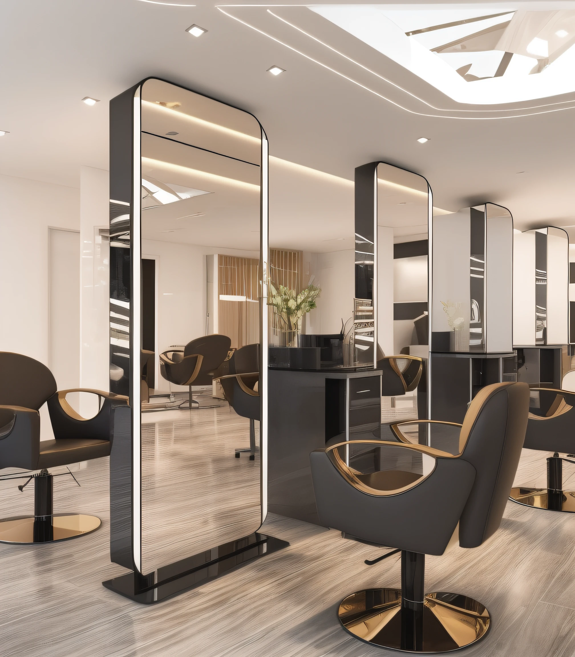 , luxurious environment, salon，show room scene, salon，mirror and glass surfaces，Oversized floor mirrors，There were modern mirrors and chairs, luxurious environment, Luxurious,