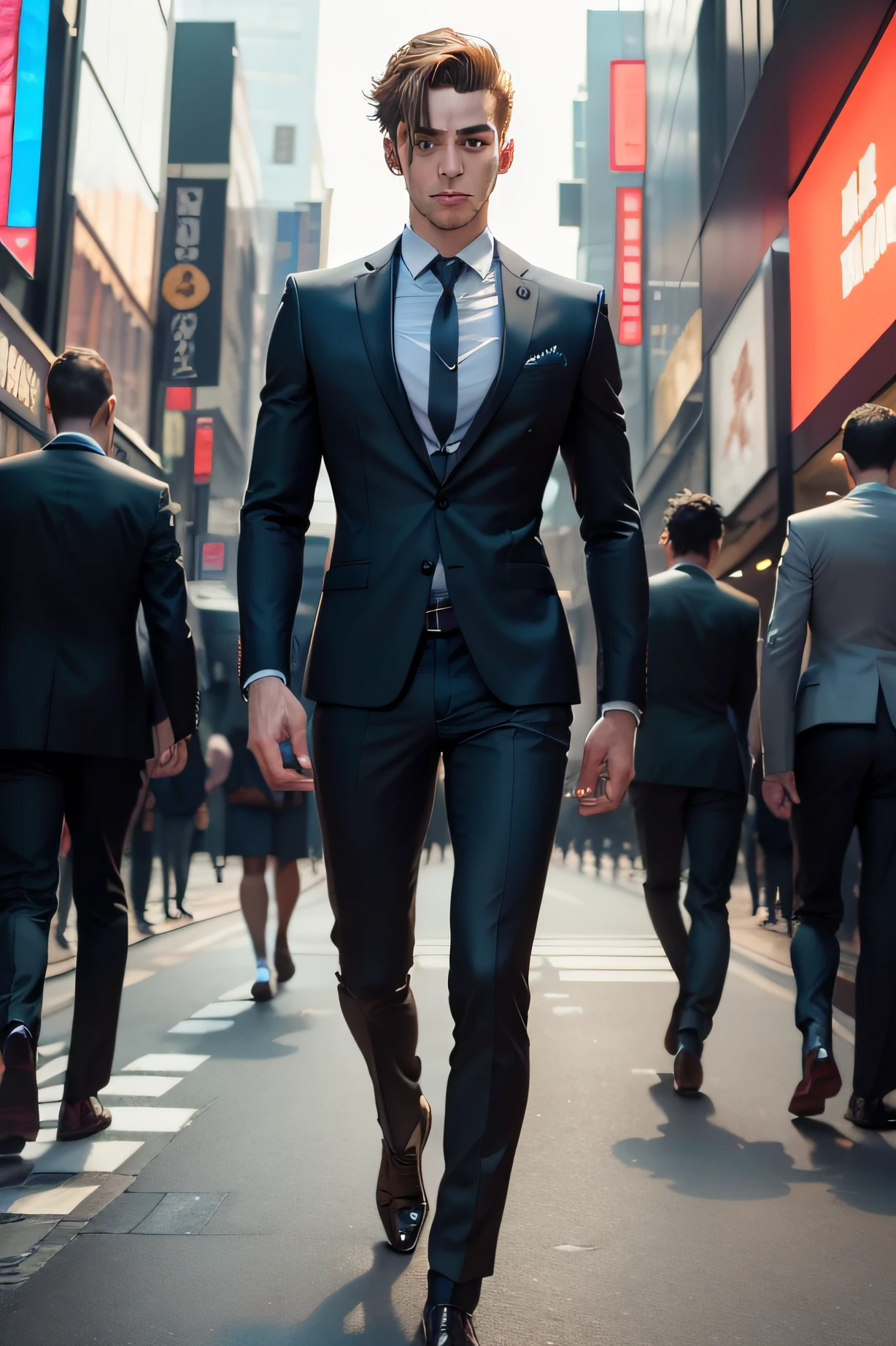 A Man, Suit character, I'm walking towards this place Guy、 twinks elegent, Full body, Highly detailed, A hyper-realistic, Intricate details, Vivid colors, Background of Shibuya