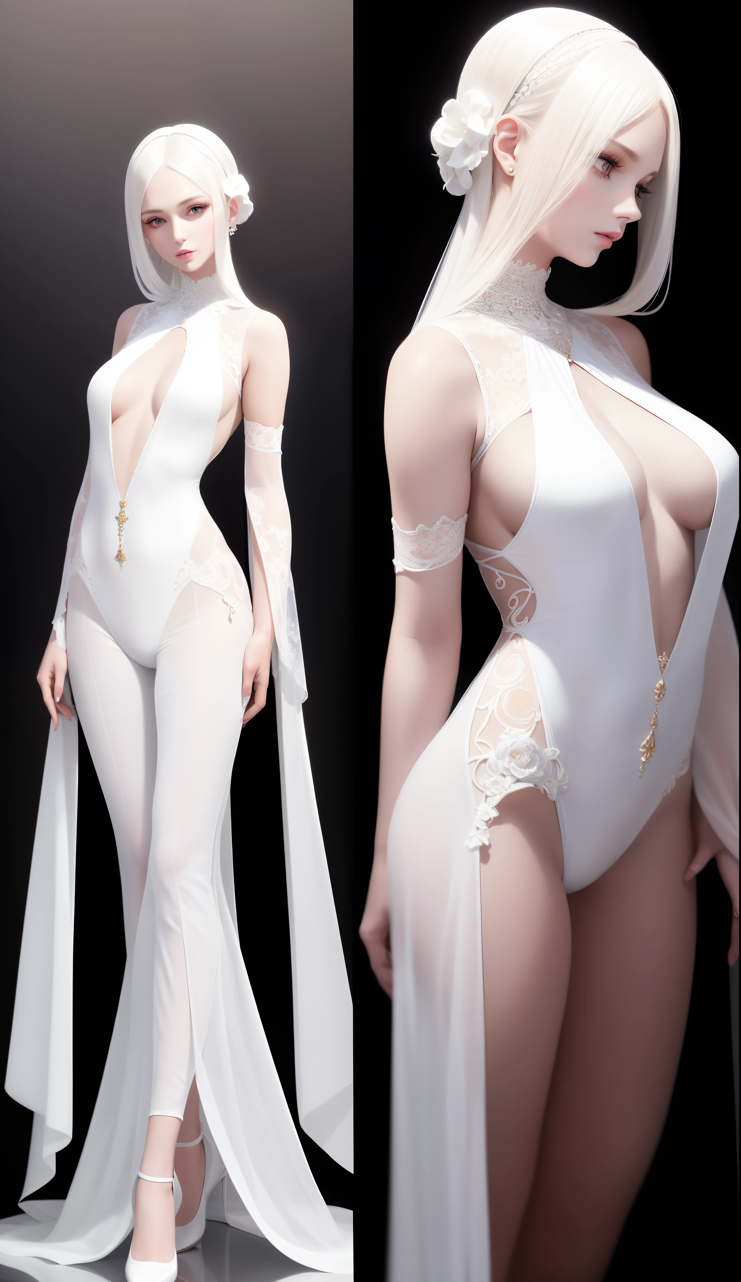 Full body transparent white silk jumpsuit,with fair skin,and hold your head in your hands,Delicate and delicate face,Elaborate Eyes,Clear eyes,Incredibly detailed,,Hairline,16k