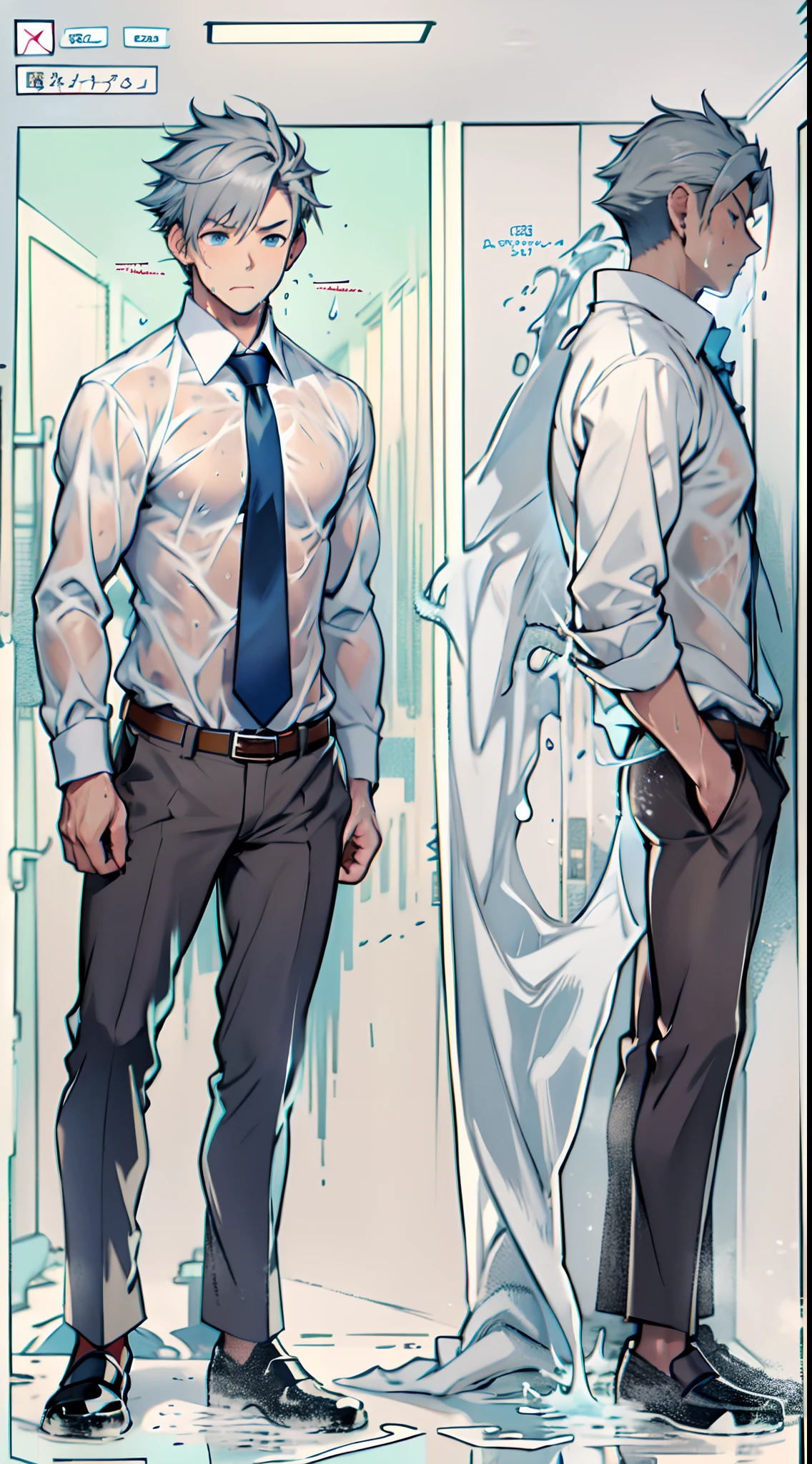 （1 Adult male），A high resolution， Sharp focus， Pixiv masterpiece， （（Complicated details））， highly  detailed， natsuki_subaru，Multi-view upper body，Suit pants view， 1 man，is shy，Pee on the legs，pissing，Urine runs down the thighs，embarressed，exhilarated，is shocked，panicking，worry，A small puddle of their own urine forms around the feet，full bodyesbian，kneels on the ground，Very eager to pee，It's uncomfortable，Wet yourself，Urine discharge， Sweaty crotch，Drenched，rain，The shirt is soaked，（A gesture of pleading），blue color eyes（eyes glowing）， Short gray hair，white  shirt，Wear a tie，Wear a belt，Black suit trousers，perspire，look from down