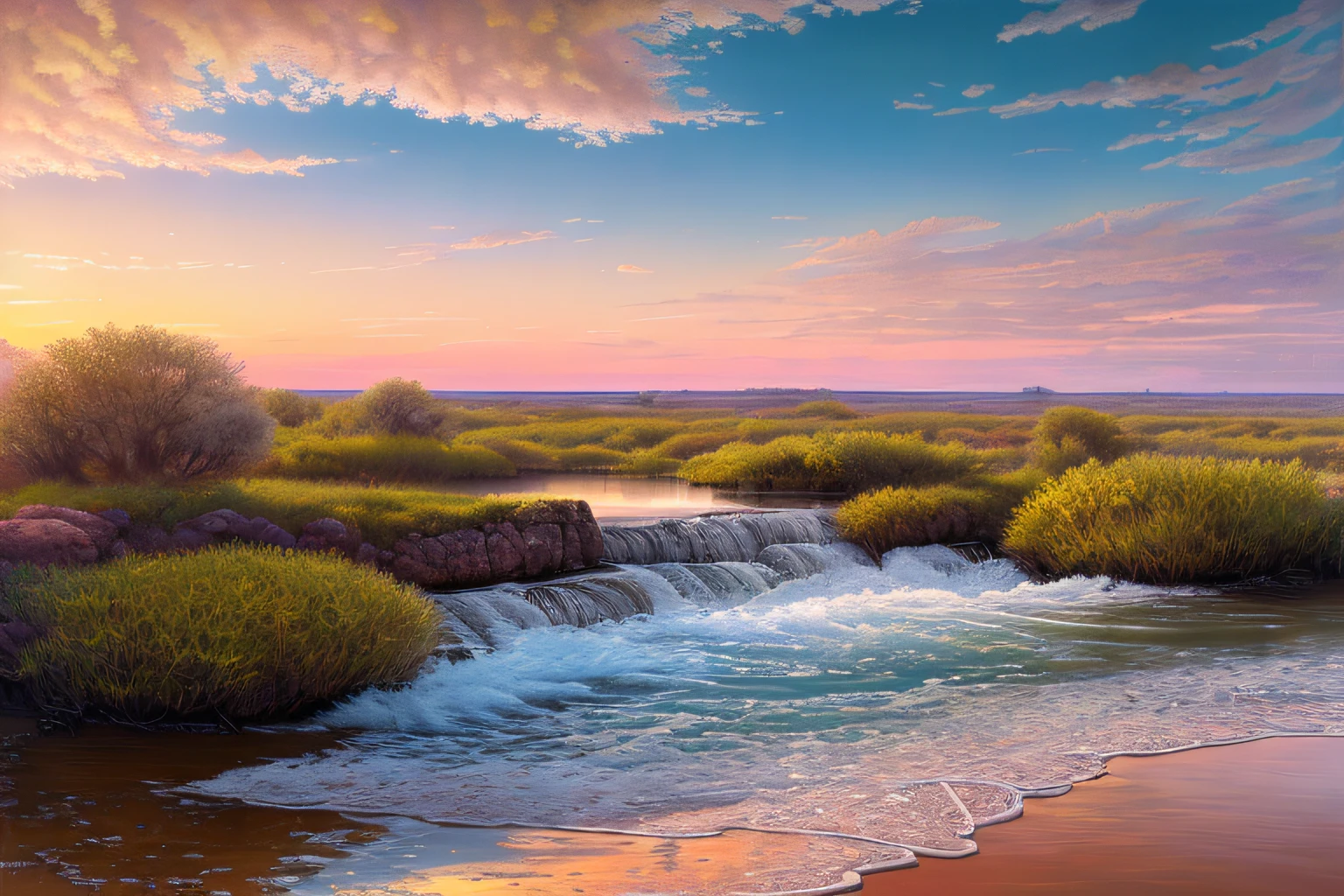 paysage, eau, coucher du soleil, (Highly detailed CG Unit 8k wallpaper), The most beautiful work of art in the world, Professional majestic oil painting, complexe, High detail, mise au point nette, dramatique, Art of photorealist painting