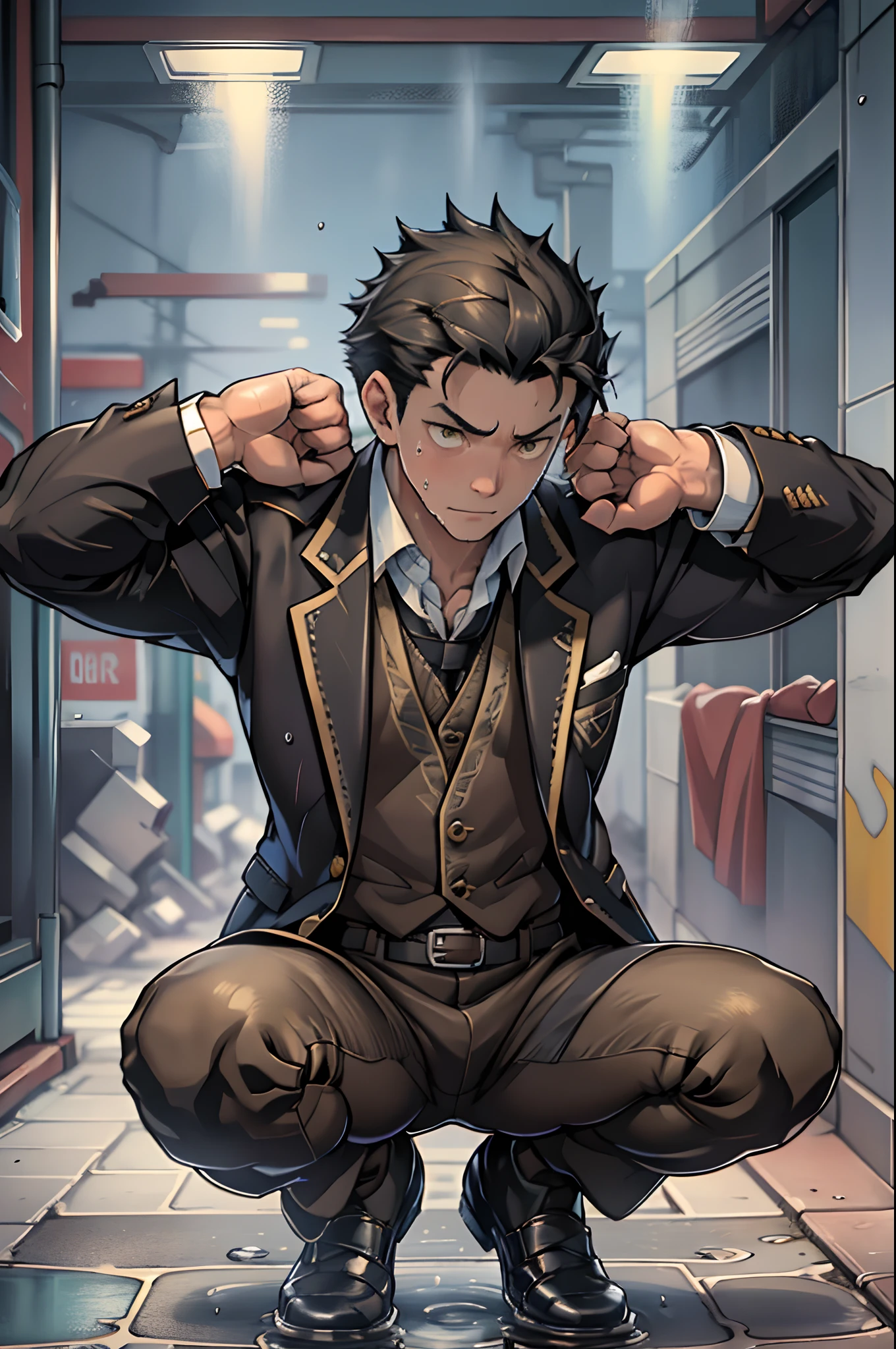 A3R1, Hector Fey ,Multi-view upper body, Suit pants view,legs separated,A3R1,pissing,Pee yourself,His own urine ran down his thighs,perfect male figure, Aerith Gainsborough ,The suit pants are wet,Urine runs down the leg of the trouser,Yellow eyes,Half squat,legs separated,Can't hold back urine,wants to pee,Wear a tie,wearing leather belt,Long Sleeve White Shirt,(The shirt is soaked),Black hair short hair,perspire,Black suit trousers,dress shoes,Nervously bow your head,is shy,embarressed,exhilarated,is shocked,panicking,worry,exteriors,On dry ground, A small puddle of his own urine formed around his feet,half squatting,Very eager to pee,Unbearable,Can't help but pee,Urine flows from the crotch to the legs,Incontinence,It's uncomfortable,Very anxious,Sweat runs from the crotch,Wet yourself,urinating,high detal,hentail realism,ultra-realistic realism,three sided view, A masterpiece of careful planning,A high resolution, hyper HD ,anatomy correct,super detailing,best qualtiy,A high resolution,8K