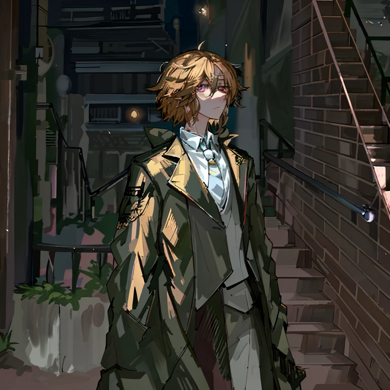 Anime - Stylistic image of a man in a coat and tie walking down the stairs, Guviz-style artwork, Guviz, anime big breast. Soft lighting, guweiz masterpiece, animeaesthetic, romanticism lain, made with anime painter studio, animeaesthetic, Makoto Shinkai's style, Realistic anime 3 D style, author：Kuncan