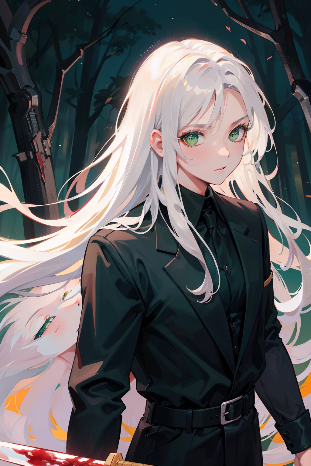 (masterpiece), best quality, detailed hair detailed face, ultra high res, sharp focus, ((1 man, solo)), perfect masculine face, upper body, close up, (at the night time:1.2), in the forest, Sephiroth from Final Fantasy, look at the viewer, face covered in blood, silver white hair, flowing long hair, ((perfect shape eyes, green eyes)), (formal masculine all black outfit:1.2), (holding long sword masamune:1.2)