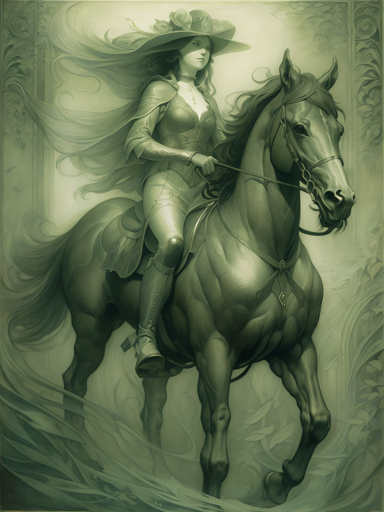 (Best Quality, tmasterpiece: 1.1), Lady on horseback, illustartion, improvisation, Complicated details, chilling, excitement, Hyper-realistic, insanely detailed, ((Стиль Jean Delville)), --AR 3:4 --s 750