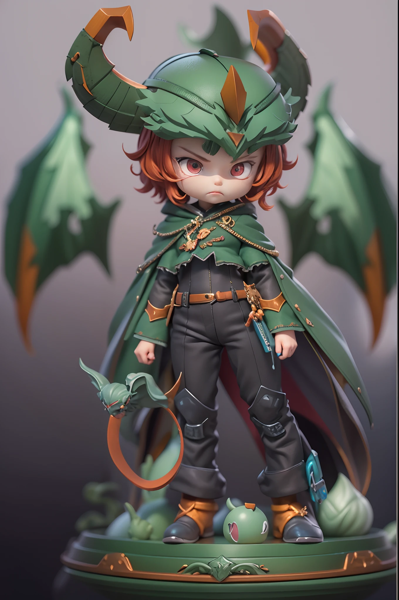 3D toys, Red hair, A boy with an evil expression on his face, The horns of the firstborn demon, stand posture., Black-green wings, view the viewer, full bodyesbian, 3 d model, toys, super detailing, mockup blind box, high resolution, art, ip, C4D, blender, best qualtiy