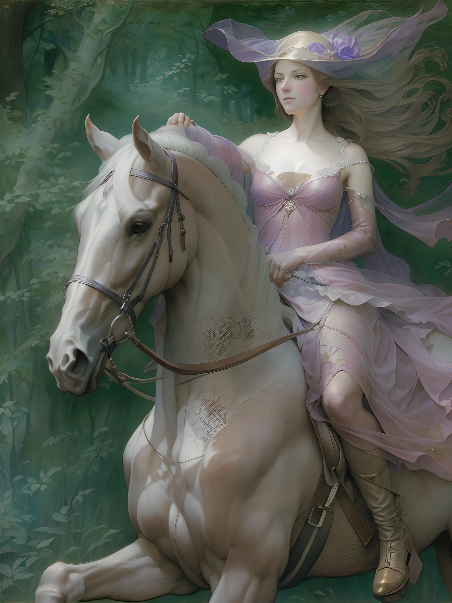 (Best Quality, tmasterpiece: 1.1), Lady on horseback, illustartion, improvisation, Complicated details, chilling, excitement, Hyper-realistic, insanely detailed, ((Стиль Jean Delville)), --AR 3:4 --s 750