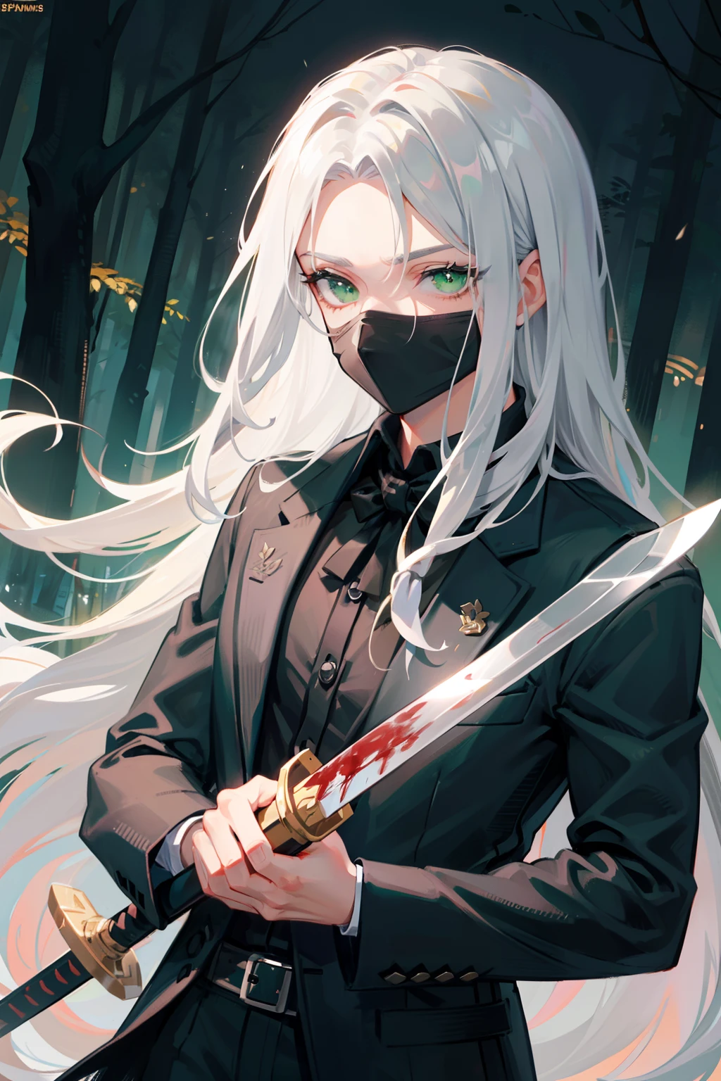 (masterpiece), best quality, detailed hair detailed face, ultra high res, sharp focus, ((1 man, solo)), perfect masculine face, upper body, close up, (at the night time:1.2), in the forest, Sephiroth from Final Fantasy, look at the viewer, face covered in blood, silver white hair, flowing long hair, ((perfect shape eyes, green eyes)), (formal masculine all black outfit:1.2), (holding long sword masamune:1.2)