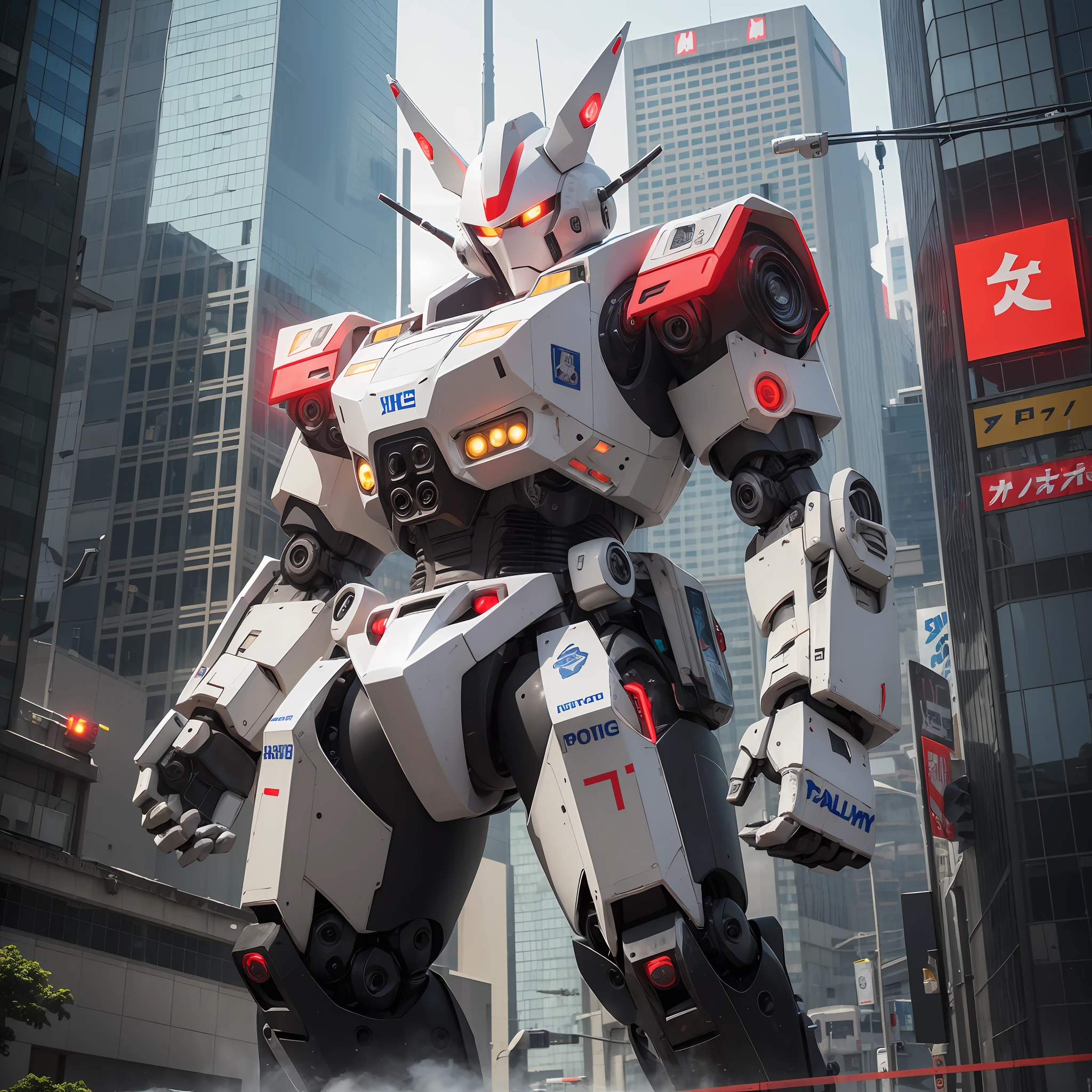 jpn、TOKYOcty、akihabara、Giant robot standing upright、Ingram of Patlabor、((A giant robot with a police motif))、((The body color of the robot is white and black))、((The word POLICE is printed on the body of the robot))、((Patlite parts are attached to the robot body))、((Red LED parts are attached to the robot body))、((Handgun in one hand))、Skyscraper District