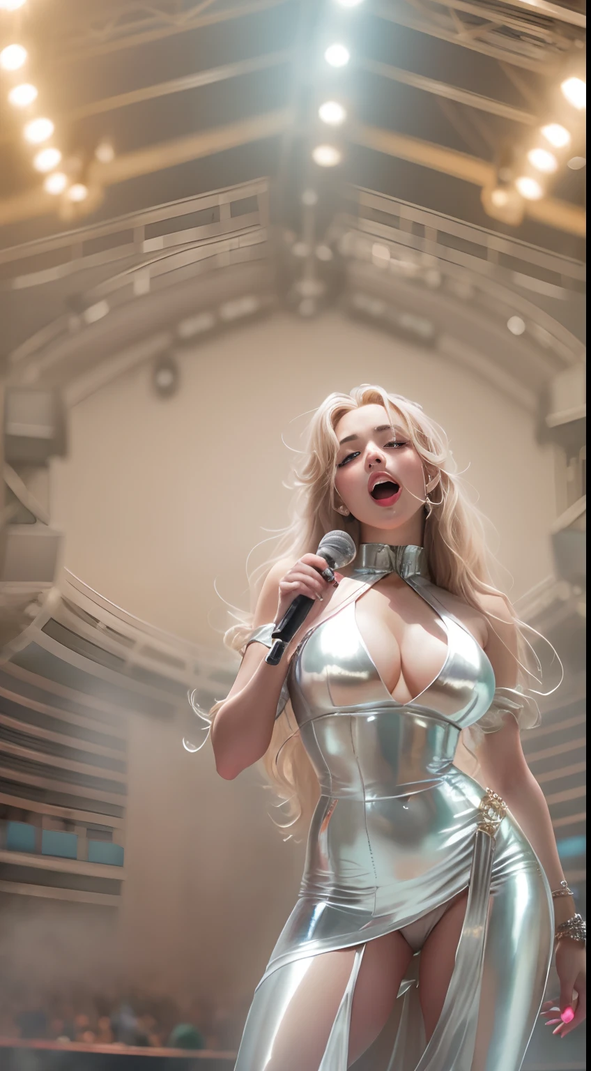 The background is a concert，tmasterpiece，8K，high definition resolution，cinmatic lighting，theater，lamplight，perform，teens girl，((microphones:1.3))，Concert，performance，Fashionable clothes，short  skirt，singers，idoly，Crop topping，cropped shoulders，Exposed cleavage，Bare thighs，hyperdetailed face, Detailed eyes, 二重まぶた，((Ultra-detailed)),((Delicate face)), Beautiful detailed eyes, (high light,Gradient hair),Long hair, Floating hair,  GSHea，The eye,Genshin_impact,Look at the viewer, ((Distant view)), Strong light and shadow, Cinema lenses，tmasterpiece，Super quality，theater stage，real silk，18yr old，Big eyes，A woman in a straitjacket holds a microphone and sings on stage, inspired by Vanessa Beecroft, Wear stage costumes, Korean concerts, Inspired by Hajime Sorayama, singing on stage, style of hajime sorayama, Wear tights,  wearing bodysuit,Stylish lenses