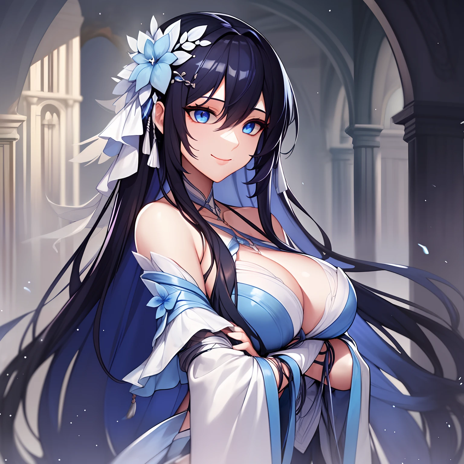 Woman, long dark blue hair with bright blue strands, blue eyes, calm peaceful look and smile, white open and light clothes, goddess of wate