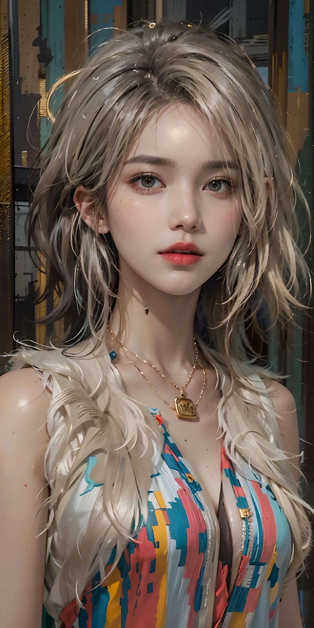 1girl, waist up, art by Ian Davenport,art by Cecily Brown, concept art, Portait of a Moody [shu qi:Jennifer Lawrence:5], wearing Eclectic Fur Fringe top, Ruff, Anklet, Makeup, Cosy, loop lighting, 80mm, official art, unity 8k wallpaper, ultra detailed, aesthetic, masterpiece, best quality, photorealistic