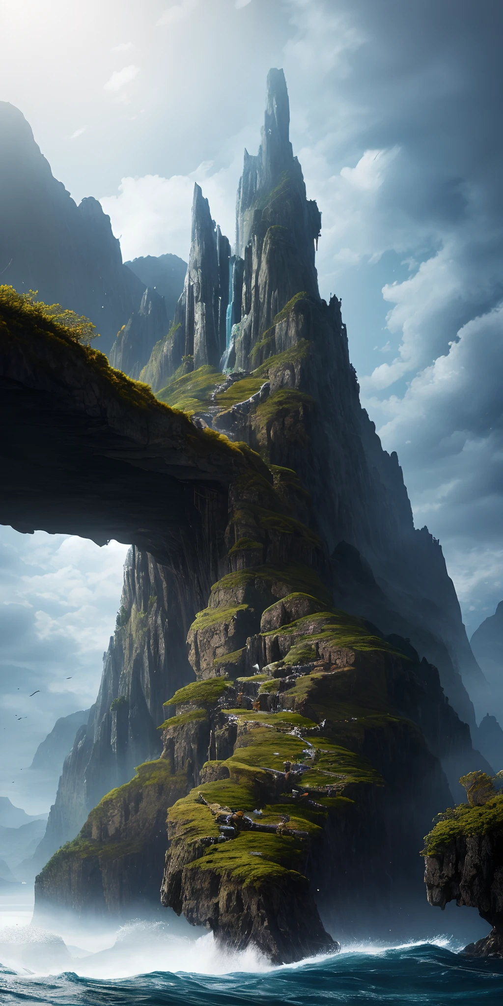 Masterpiece, best quality, high quality, extremely detailed CG unity 8k wallpaper, landscape, outdoor, sky, clouds, sky, no humans, mountain, landscape, water, tree, blue sky, waterfall, cliff, nature, lake, river , cloudy skies, award winning photography, bokeh, depth of field, HDR, bloom, chromatic aberration, photorealism, very detailed, trending on artstation, trending on CGsociety, intricate, high detail, dramatic, half way art