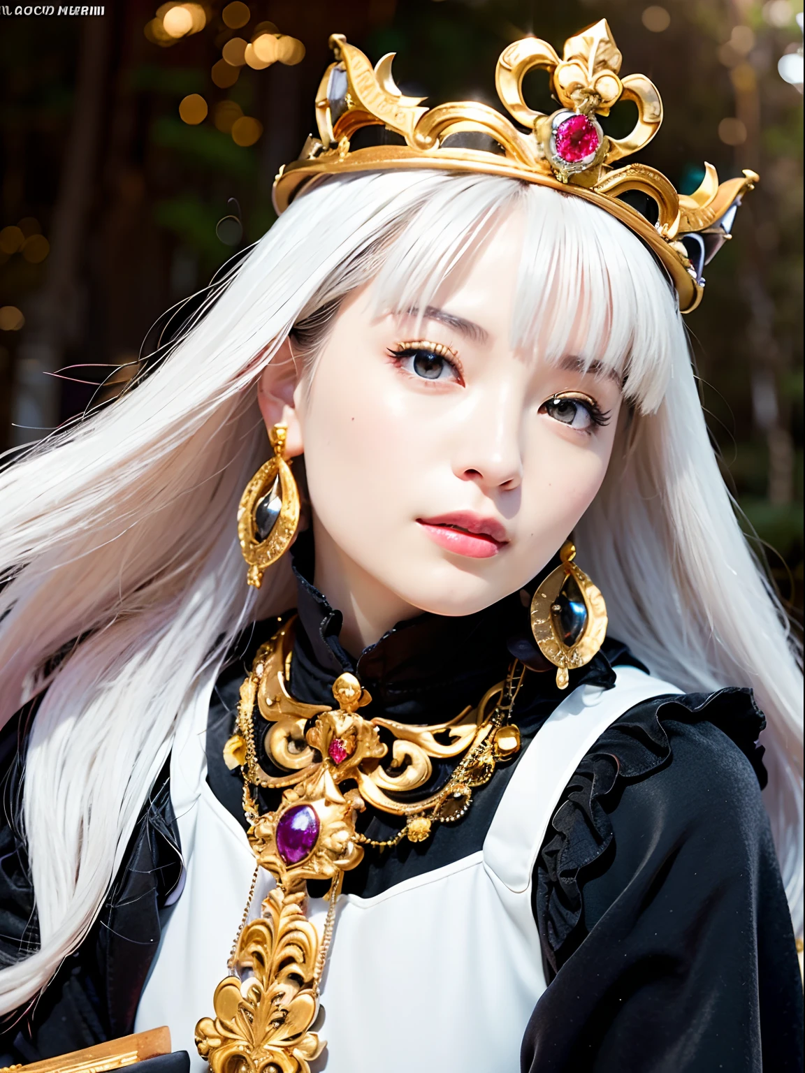 (masutepiece), Professional , masterpiece、top-quality、photos realistic , depth of fields (Gemstone Silver Metal Body:1.9),(Matte White、Jewel Gold Weapon(Jewel Metal Body:1.4),Gorgeous metal weapons , Detailed Sword of the Brave , Beautiful knife ,warhammer 40k , adepta sororitas,Detail and ornate jewel crown、Black hair、Gangle's forest background、Beautiful Caucasian beauty、1a person、dynamic ungle,(((Detailed and ornate diamond crown)))、Smaller head、A smile、Take a sexy pose、Background inside the castle、Thin and beautiful female hands、