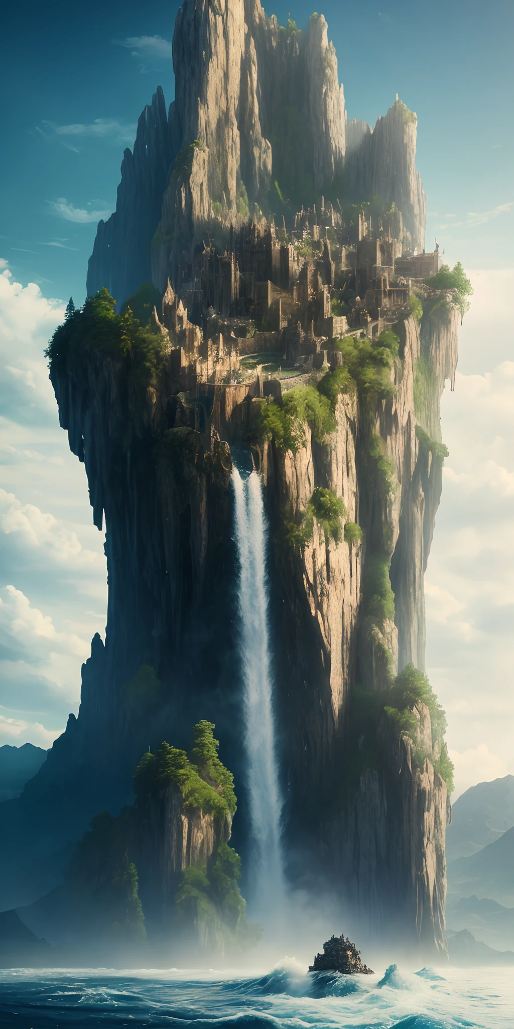 Masterpiece, best quality, high quality, extremely detailed CG unity 8k wallpaper, landscape, outdoor, sky, clouds, sky, no humans, mountain, landscape, water, tree, blue sky, waterfall, cliff, nature, lake, river , cloudy skies, award winning photography, bokeh, depth of field, HDR, bloom, chromatic aberration, photorealism, very detailed, trending on artstation, trending on CGsociety, intricate, high detail, dramatic, half way art