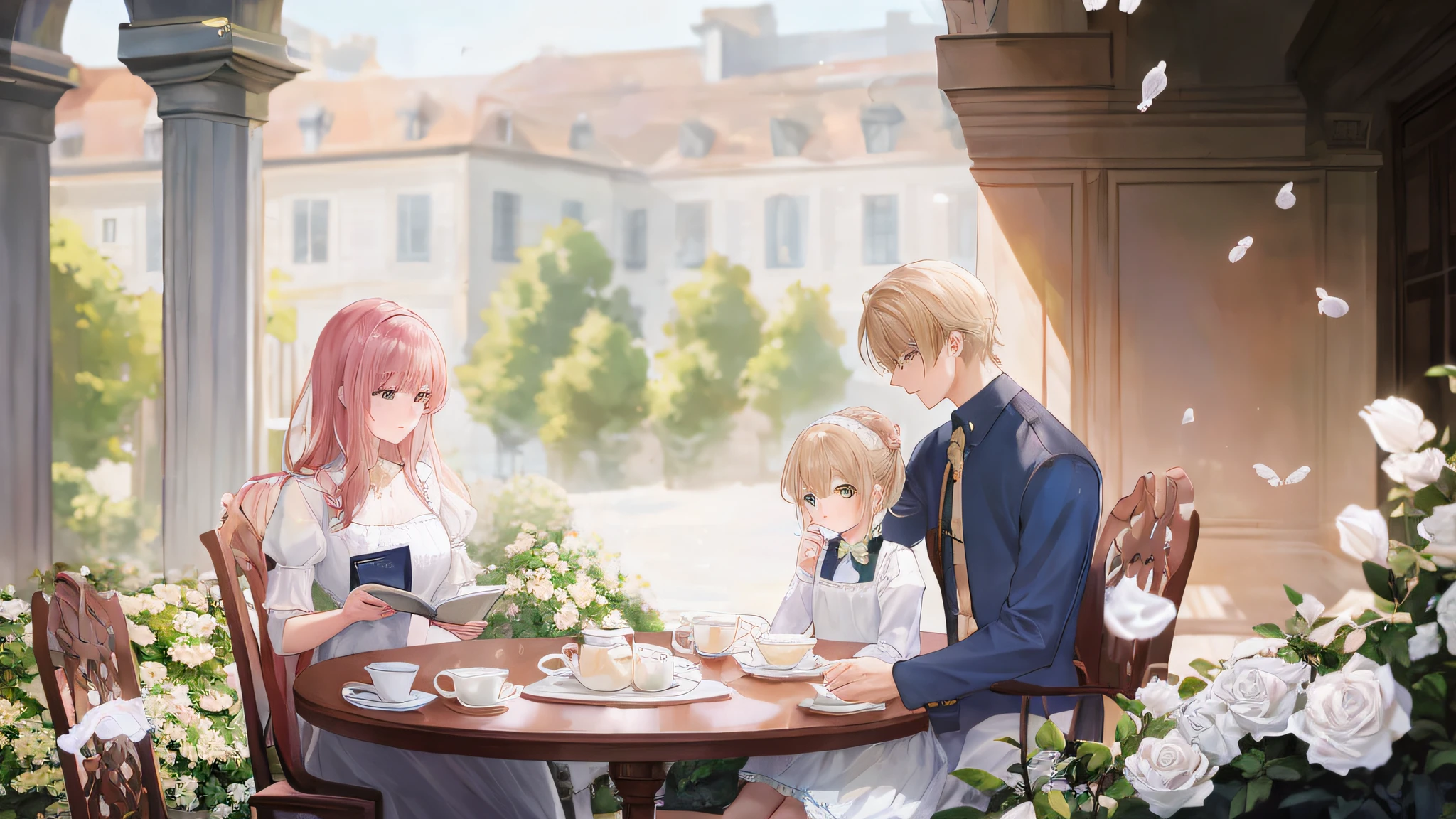 Refinement，Illustration of a family of three，The background is in an English courtyard，There are a lot of white roses in the yard，Father holding his daughter，Teach her to read，The daughter's gaze fell on the afternoon tea in front of her mother，The daughter is absent-minded，Coffee and macarons on the table，Warm family portrait，Luxurious courtyard，European courtyard