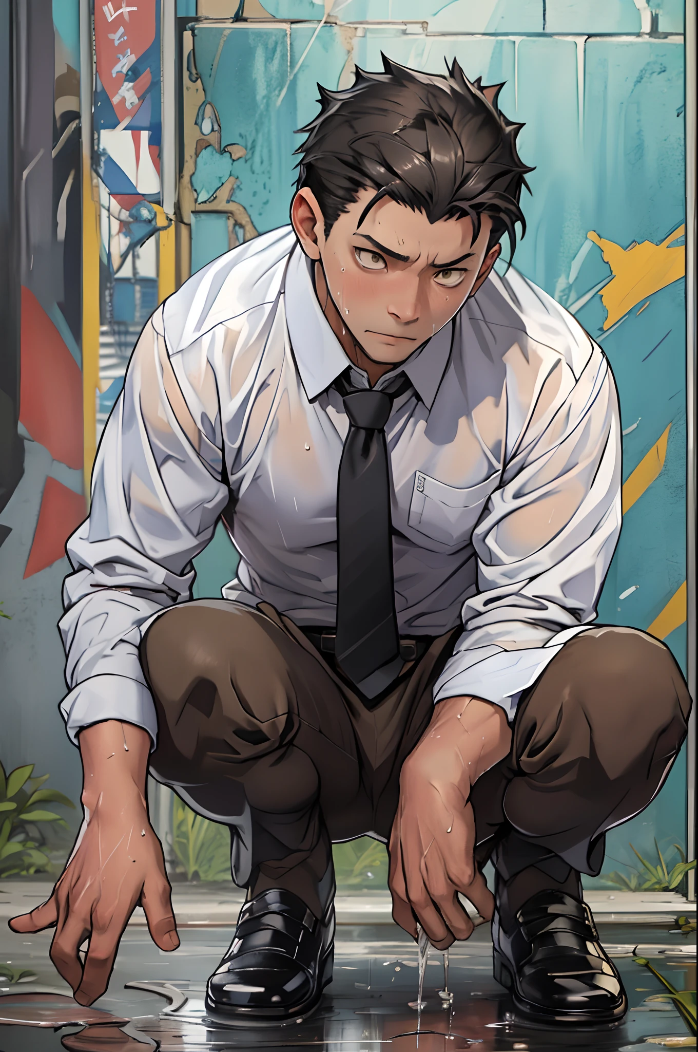 A3R1, Hector Fey ，Multi-view upper body， Suit pants view，legs separated，A3R1,pissing，Pee yourself，His own urine ran down his thighs，perfect male figure， Aerith Gainsborough ,The suit pants are wet，Urine runs down the leg of the trouser，Yellow eyes，Half squat，legs separated，Can't hold back urine，wants to pee，Wear a tie，wearing leather belt，Long Sleeve White Shirt，（The shirt is soaked），Black hair short hair，perspire，Black suit trousers，dress shoes，Nervously bow your head，is shy，embarressed，exhilarated，is shocked，panicking，worry，exteriors，On dry ground， A small puddle of his own urine formed around his feet，half squatting，Very eager to pee，Unbearable，Can't help but pee，Urine flows from the crotch to the legs，Incontinence，It's uncomfortable，Very anxious，Sweat runs from the crotch，Wet yourself，urinating，high detal，hentail realism，ultra-realistic realism，three sided view， A masterpiece of careful planning，A high resolution， hyper HD ，anatomy correct，super detailing，best qualtiy，A high resolution，8K