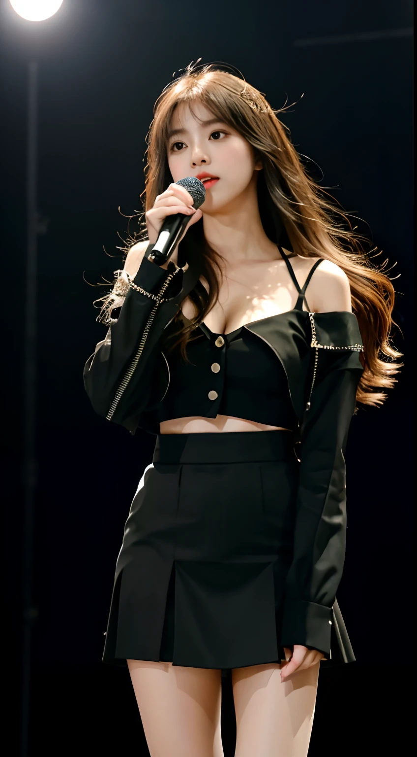 The background is a concert，tmasterpiece，8K，high definition resolution，cinmatic lighting，theater，lamplight，perform，teens girl，((microphones))，Concert，performance，Fashionable clothes，short  skirt，singers，idoly，Crop topping，cropped shoulders，Exposed cleavage，Bare thighs，hyperdetailed face, Detailed eyes, 二重まぶた，((Ultra-detailed)),((Delicate face)), Beautiful detailed eyes, (high light,Gradient hair),Long hair, Floating hair,  GSHea，The eye,Genshin_impact,Look at the viewer, ((Distant view)), Strong light and shadow, Cinema lenses，tmasterpiece，Super quality，theater stage，real silk，18yr old，Big eyes，A woman in a straitjacket holds a microphone and sings on stage, inspired by Vanessa Beecroft, Wear stage costumes, Korean concerts, Inspired by Hajime Sorayama, singing on stage, style of hajime sorayama, Wear tights,  wearing bodysuit,Stylish lenses