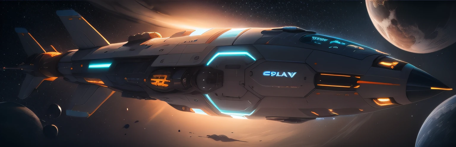 An exterior long shot of an cylindrical interstellar space transport from above side view, space transport, and space itself, cylindrical exterior symmetrical, cockpit of a year 2150 interstellar space transport, steering fins, bio light blue-gray, forward orange, command consoles bio-lights glow through, exterior switches, levers, 8k resolution, bioluminescent, accurate detailed photorealistic, blue orange yellow dirty white color scheme, stars planets blackness of interstellar space, looking at the cockpit