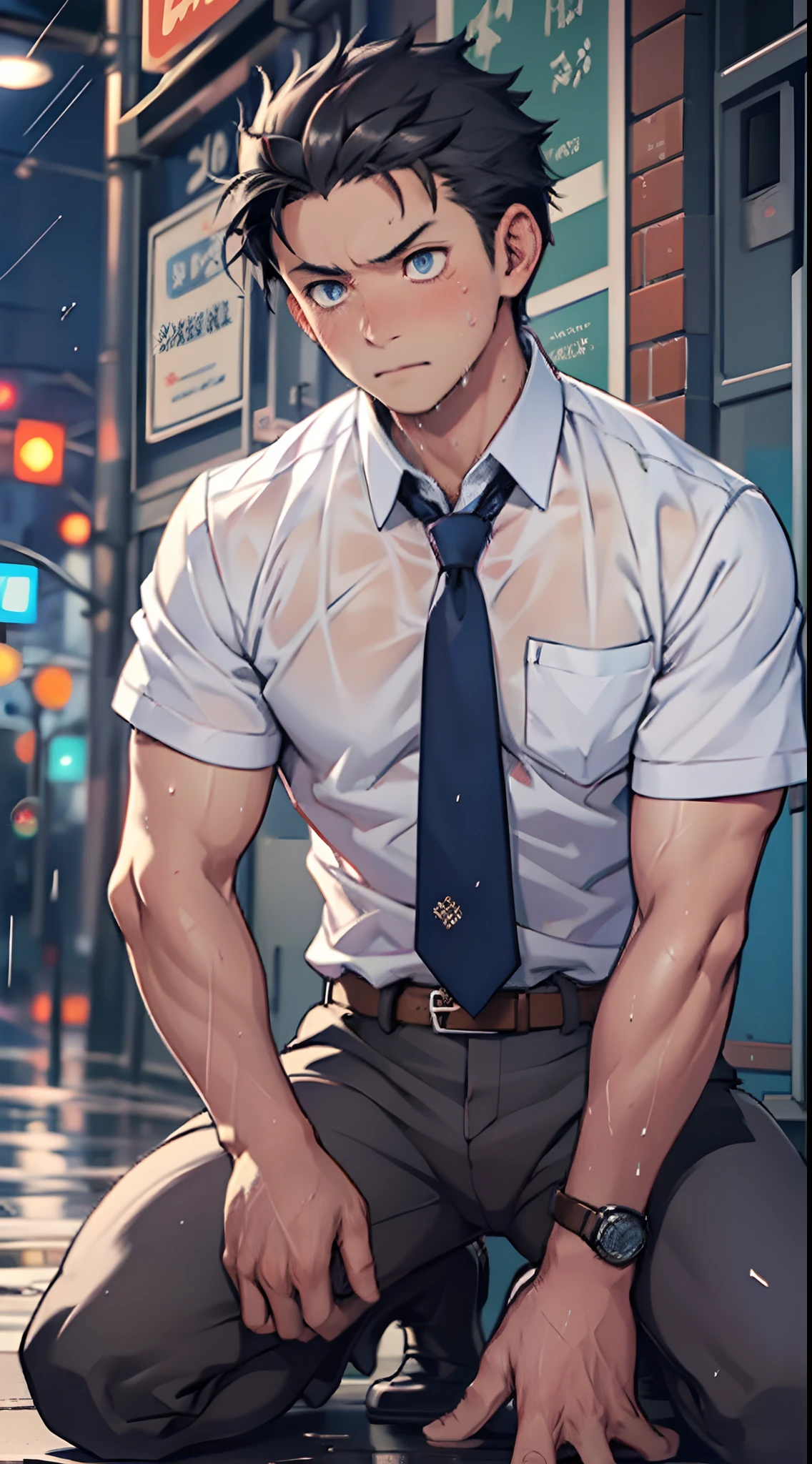 (1 Adult male),A high resolution, Sharp focus, Pixiv masterpiece, ((Complicated details)), highly detailed, natsuki_subaru, 1 man,Defeat, crestfallen,full bodyesbian,kneels on the ground, Sweaty crotch,Drenched,rain,The shirt is soaked,(A gesture of pleading),blue color eyes(eyes glowing), Short gray hair,white shirt,Wear a tie,Wear a belt,perspire,look from down