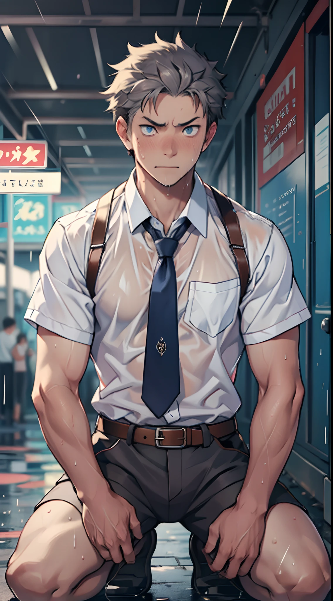 (1 Adult male),A high resolution, Sharp focus, Pixiv masterpiece, ((Complicated details)), highly detailed, natsuki_subaru, 1 man,Defeat, crestfallen,full bodyesbian,kneels on the ground, Sweaty crotch,Drenched,rain,The shirt is soaked,(A gesture of pleading),blue color eyes(eyes glowing), Short gray hair,white shirt,Wear a tie,Wear a belt,perspire,look from down