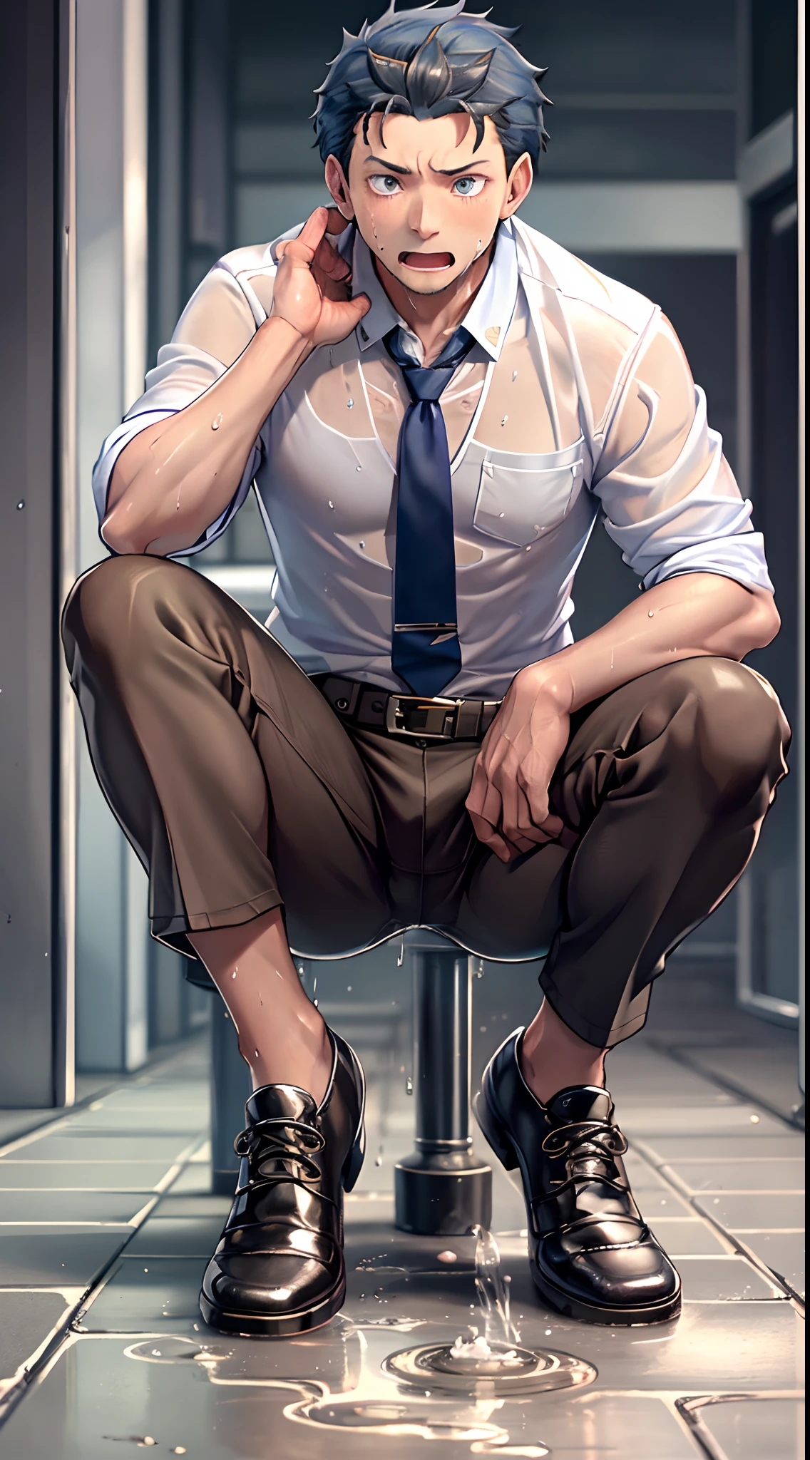 (1 Adult male),A high resolution, Sharp focus, Pixiv masterpiece, ((Complicated details)), highly detailed, natsuki_subaru,Multi-view upper body,Suit pants view, 1 man,is shy,Pee on the legs,pissing,Urine runs down the thighs,embarressed,exhilarated,is shocked,panicking,worry,A small puddle of their own urine forms around the feet,full bodyesbian,kneels on the ground,Very eager to pee,It's uncomfortable,Wet yourself,Urine discharge, Sweaty crotch,Drenched,rain,The shirt is soaked,(A gesture of pleading),blue color eyes(eyes glowing), Short yellow hair,white shirt,Wear a tie,Wear a belt,Black suit trousers,perspire,look from down