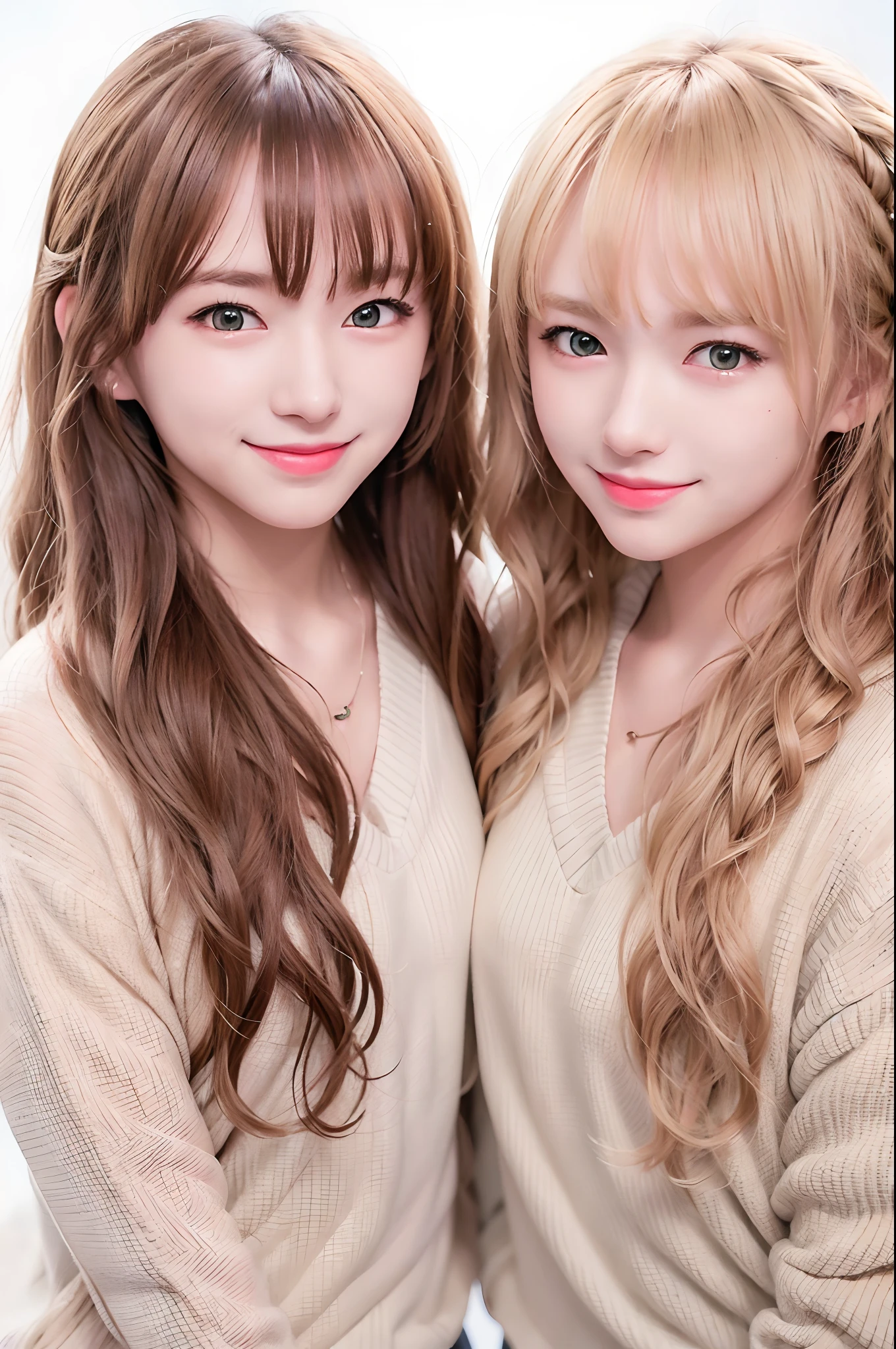 perfect anime illustration, 2girls, twin sisters, identical sisters, brown hair, blonde hair, (1 blonde girl, 1 brown haired girl, different hair colors), curly hair, matching hairstyle, hazel eyes, smiling, ((matching outfits)), matching hairstyles, white background, highres, full body, pose