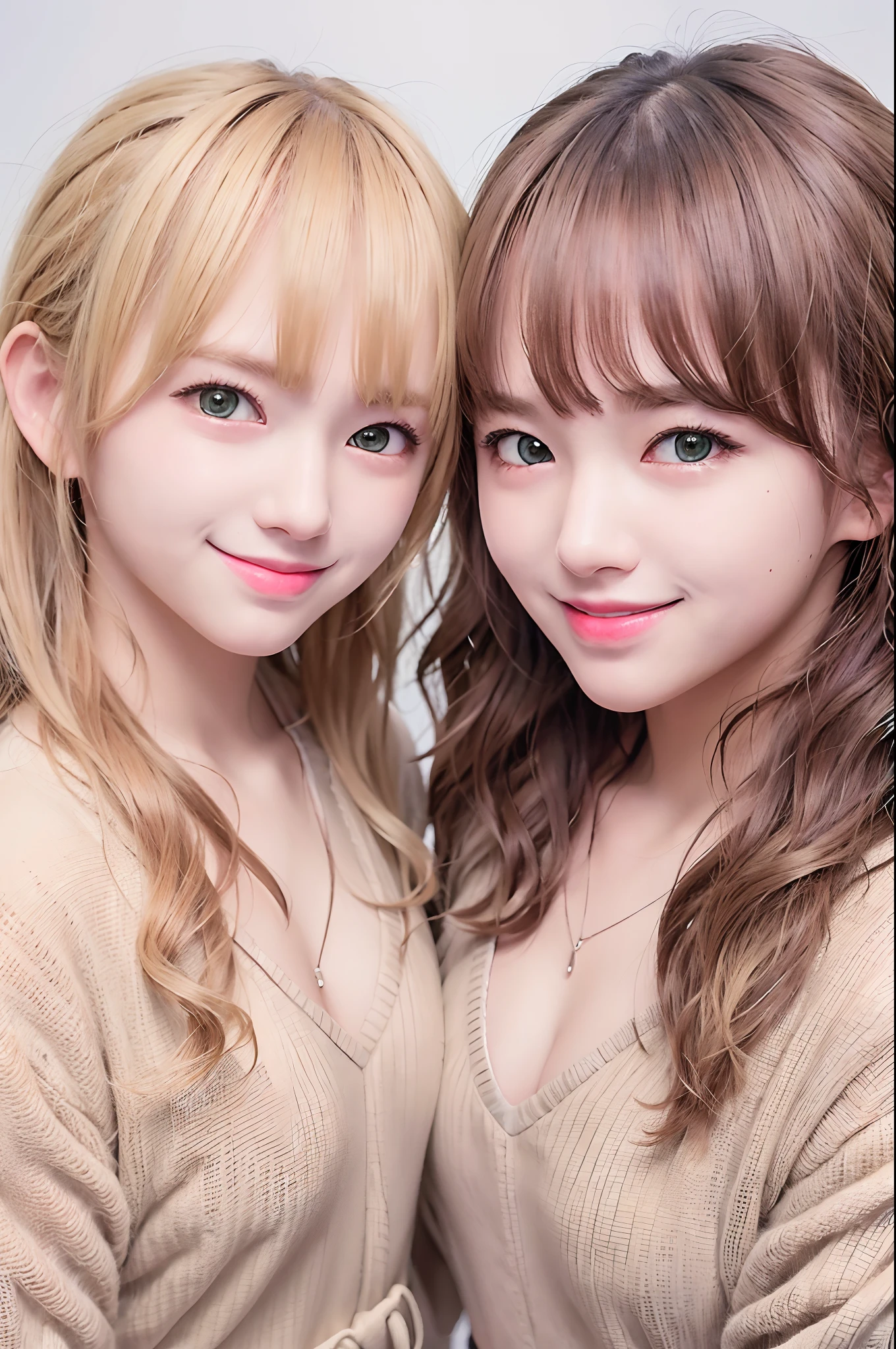 perfect anime illustration, 2girls, twin sisters, identical sisters, brown hair, blonde hair, (1 blonde girl, 1 brown haired girl, different hair colors), curly hair, matching hairstyle, hazel eyes, smiling, ((matching outfits)), matching hairstyles, white background, highres, full body, pose