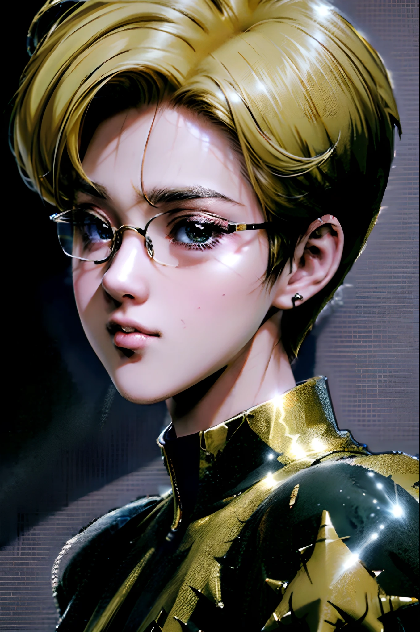 (8k wallpaper:1.2),(Ultra-high resolution:1.2),(masterpiece:1.1),wallpaper,High quality,masterpiece,(High detail),
1boy, short spiky hair, yellow hair,red eyes, wearing glasses, retro anime style, absolutely stunning art, extremely detailed eyes, close up shot,,