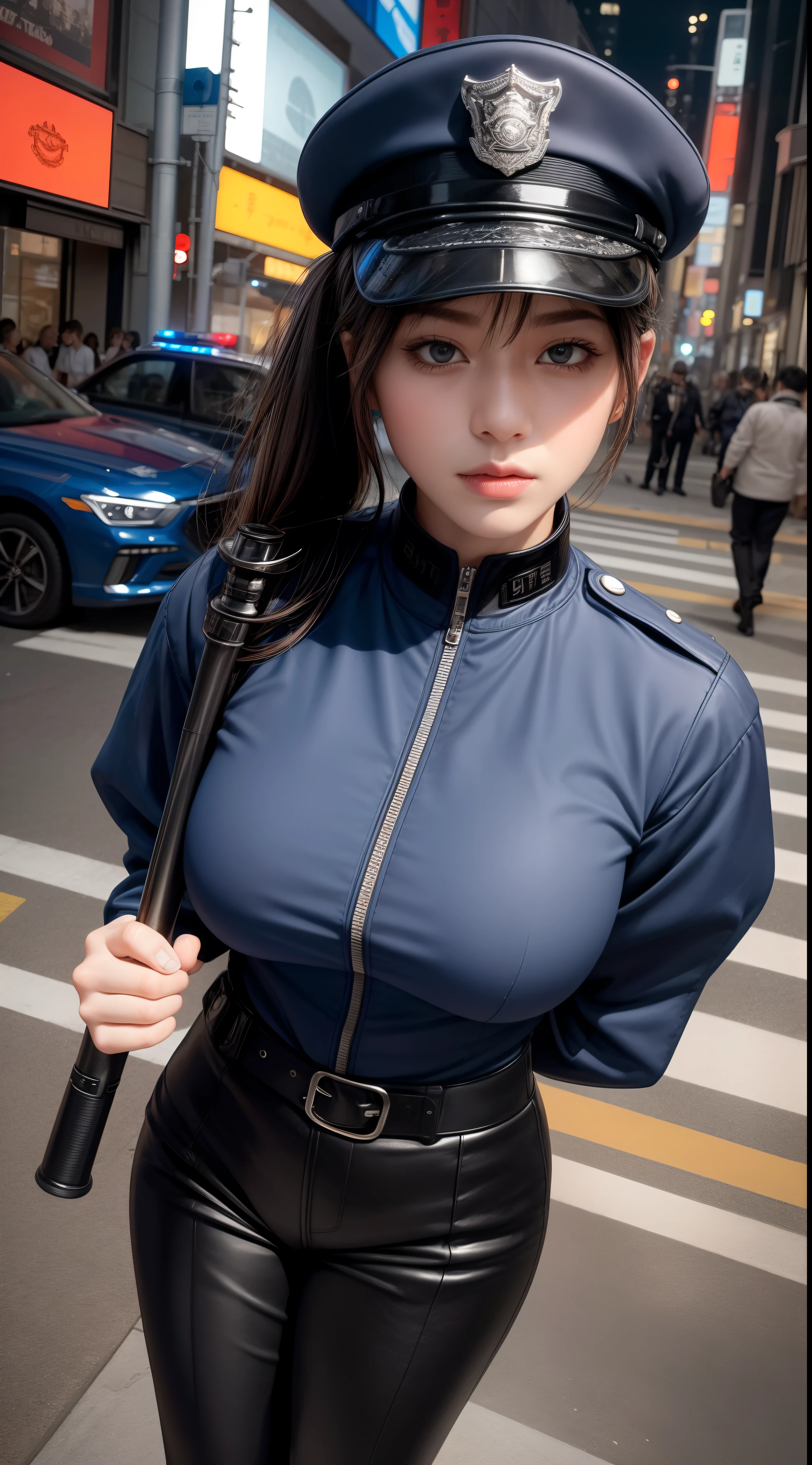 The highest image quality,excellent detail,The ultra-Highres,Swat,The Police of the Future,model figure,full body photograph,full bodyesbian,dynamicposes,A gloomy look,Gloomy Eyes,masked,She is wearing a futuristic SWAT uniform,She stood in front of a police car,Pony tail,Sturdy body,Sexy and sturdy,Detailed abs,Detailed muscle lines,A sense of power,sweat face,natta,Toiko,exterior,street corner,Streets in downtown Tokyo:1.5,Tokyo night view background,at night,Neon lights,Technological sense,future tech,Very detailed cyberpunk style,Cyberpunk persona:2.0,Highly detailed police uniform:2.0,Highly detailed police hat,Highly detailed police force,Highly detailed police badges,Very detailed armbands,Very detailed police strip,Highly detailed epaulettes,Wearing a police cap,Very delicate electric baton,Highly detailed guns:1.5,The Gun of the Future,intercom,Wireless devices,handcuff:1.5,Police Cars:2.0,Police cars of the future,(Highly detailed body,highly detailed face,Best quality at best:1.2) ,frontage,full bodyesbian,look from bottom to top,Down from the bottom, lookin at viewer,machinery,Tokyo City Background,Tokyo City,Toiko,(Highly detailed police uniform:2.0),(Highly detailed police equipment:2.0),(Swat:2.0),(gunshot:2.0),(Tokyo city background at night:2.0),(Busy streets:1.5),(Highly detailed police cars:2.0),(fully body photo:3.0),(natta:2.0),(detailed hands:2.0),(Harmonious body proportions:2.0),(Normal limbs:2.0),(Normal finger:2.0),(Detailed Eyes:2.0),(normal eye:2.0),