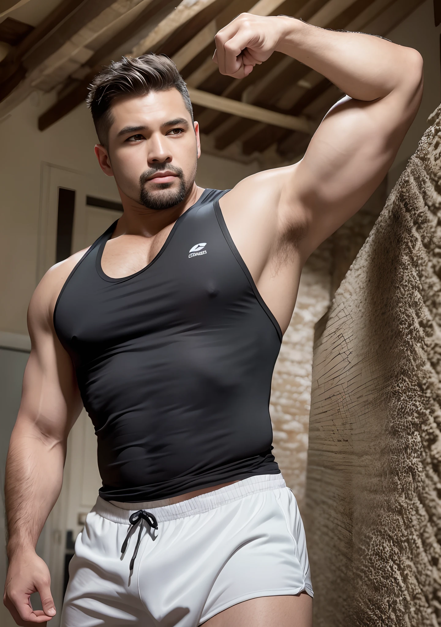 Muscular man in black vest standing next to a dilapidated house，40-year-old man，Strengthen your body，（Thick thighs），with short white hair，white mustache，white body fur，black tanktop，swim trunks，（（（Crotch bulge）））fully body photo，（Rundown house background），There are mountain peaks in the distance，best qualtiy，best qualtiy，tmasterpiece，超A high resolution，（realisticlying：1.4），详细的脸，detailed skin textures，Detailed eyelid details，独奏，malefocus，The perspective is from bottom to top，the Extremely Detailed CG Unity 8K Wallpapers，