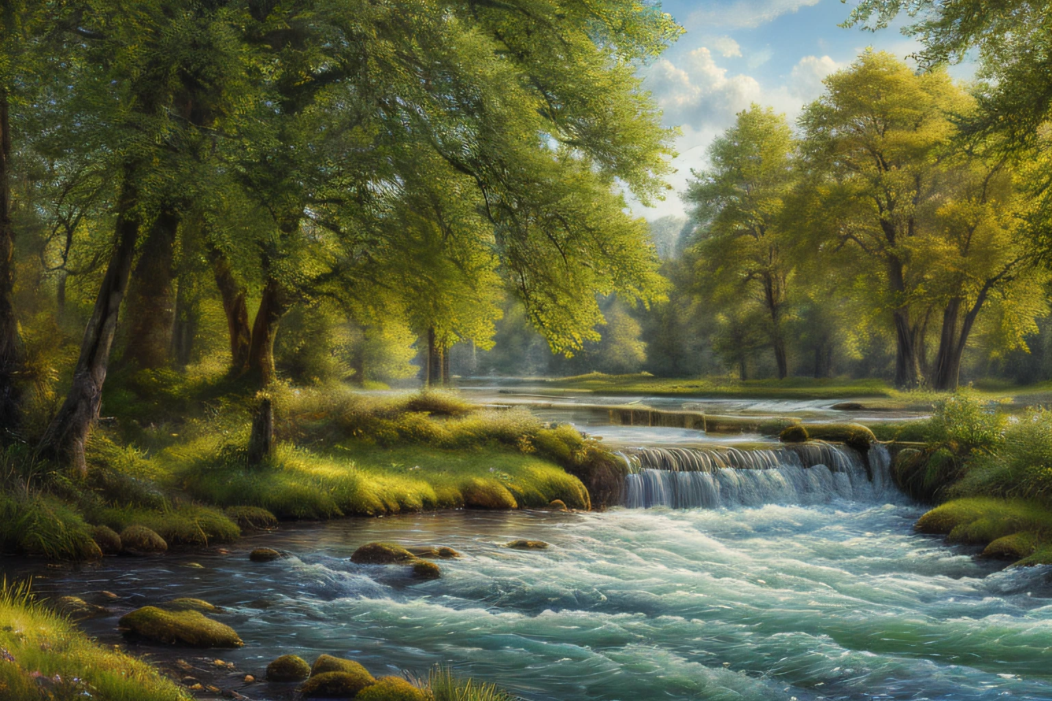 paysage,arbres,  Eau, (Highly detailed CG Unit 8k wallpaper), The most beautiful work of art in the world, Professional majestic oil painting, complexe, High detail, mise au point nette, dramatique, Art of photorealist painting