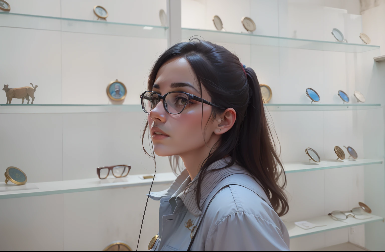 Two-dimensional painting style wearing glasses Numismatic museum in background