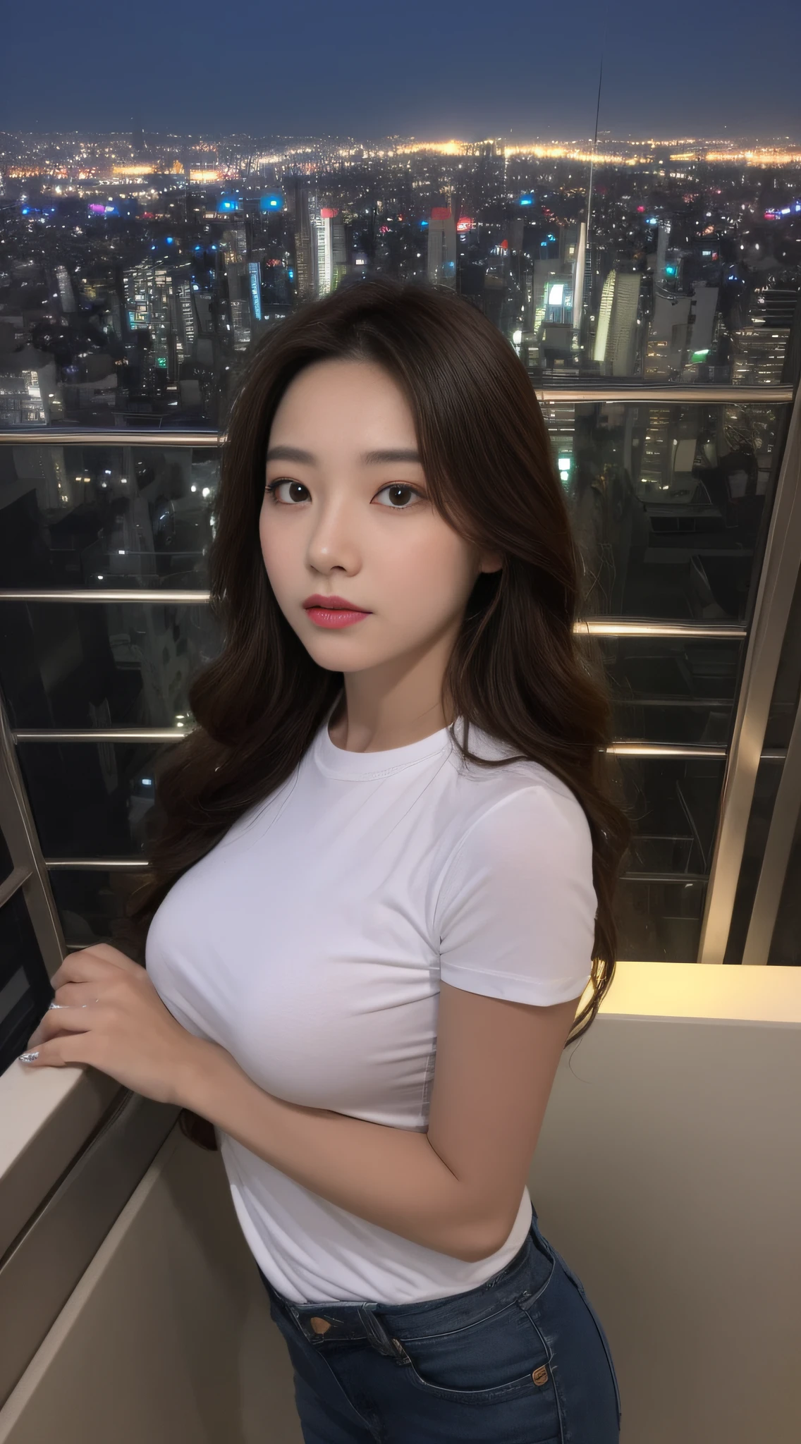 ((Midnight, Best quality, 8k, Masterpiece :1.3)), Whole body, Long legs, Sharp focus :1.2, A pretty woman with perfect figure :1.4, Slender abs :1.1, ((Dark brown hair, Big breasts :1.2)), (White tight tshirt, Jean bib, Standing:1.2), ((Night city view, Rooftop:1.3)), Highly detailed face and skin texture, Detailed eyes, Double eyelid
