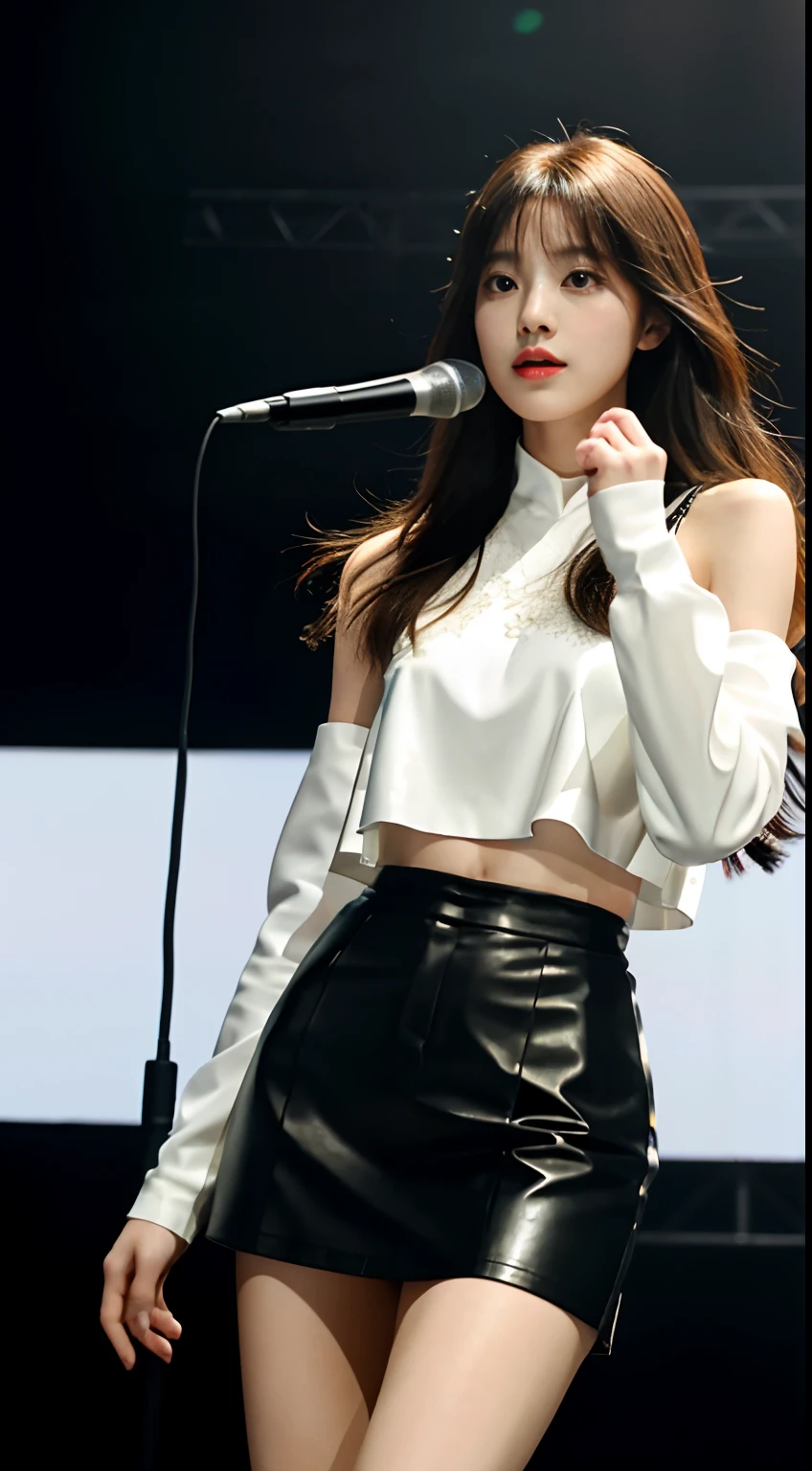 tmasterpiece，8K，high definition resolution，cinmatic lighting，theater，lamplight，perform，teens girl，((microphones))，Concert，performance，leather clothes，short  skirt，singers，idoly，Crop topping，cropped shoulders，Bare thighs，hyperdetailed face, Detailed eyes, 二重まぶた，((Ultra-detailed)),((Delicate face)), Beautiful detailed eyes, (high light,Gradient hair),Long hair, Floating hair,  GSHea，The eye,Genshin_impact,Look at the viewer, ((Distant view)), Strong light and shadow, Cinema lenses，tmasterpiece，Super quality，theater stage，real silk，18yr old，Big eyes，A woman in a leather tights holds a microphone and sings on stage, inspired by Vanessa Beecroft, wearing white straitjacket, Korean concerts, Inspired by Hajime Sorayama, singing on stage, style of hajime sorayama, Wearing white tights,  wearing bodysuit,Stylish lenses