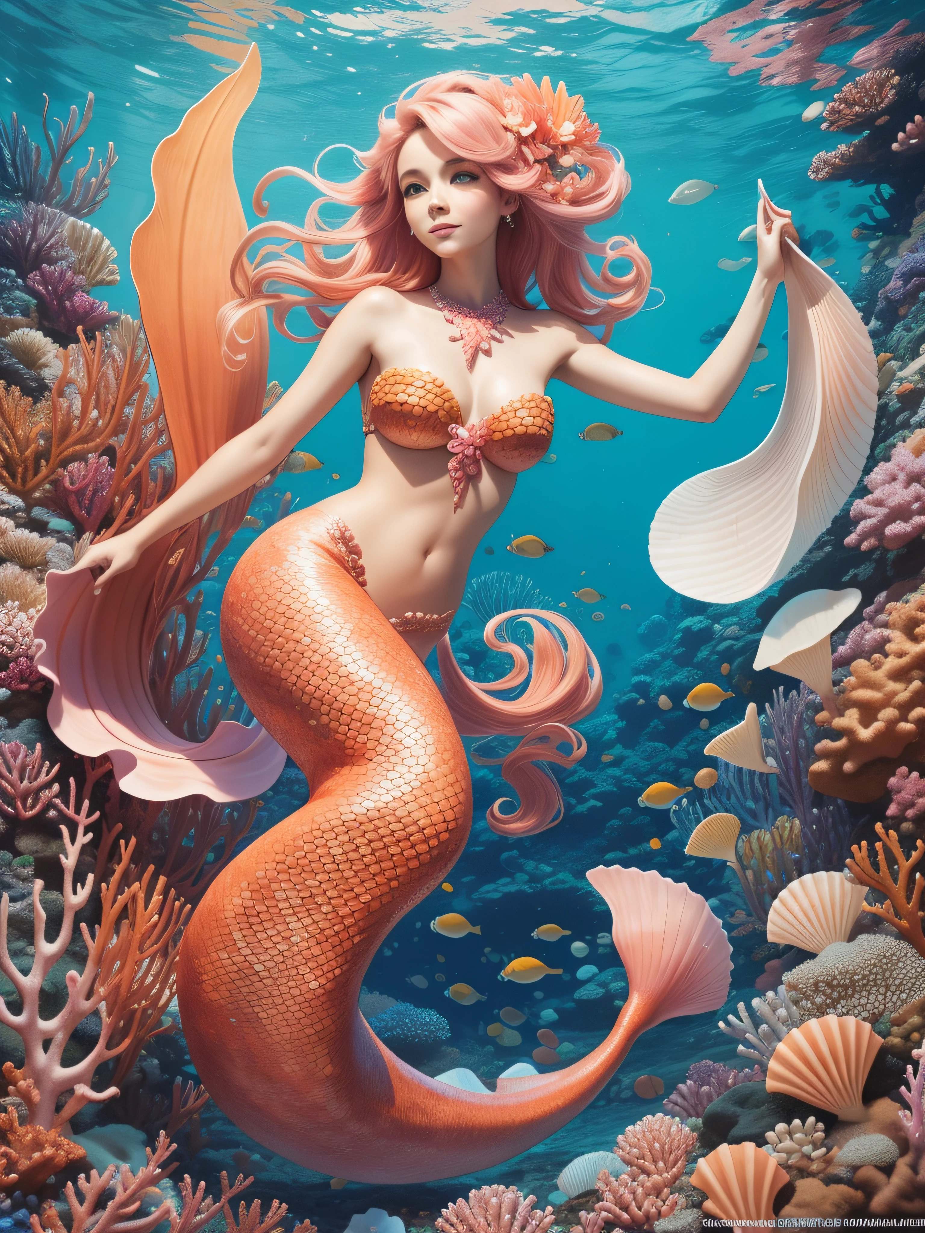 A mermaid with a tail, covered with seashells and corals of different shades, bright orange to pale pink, Like a fabulous flower avenue at the bottom of the ocean.