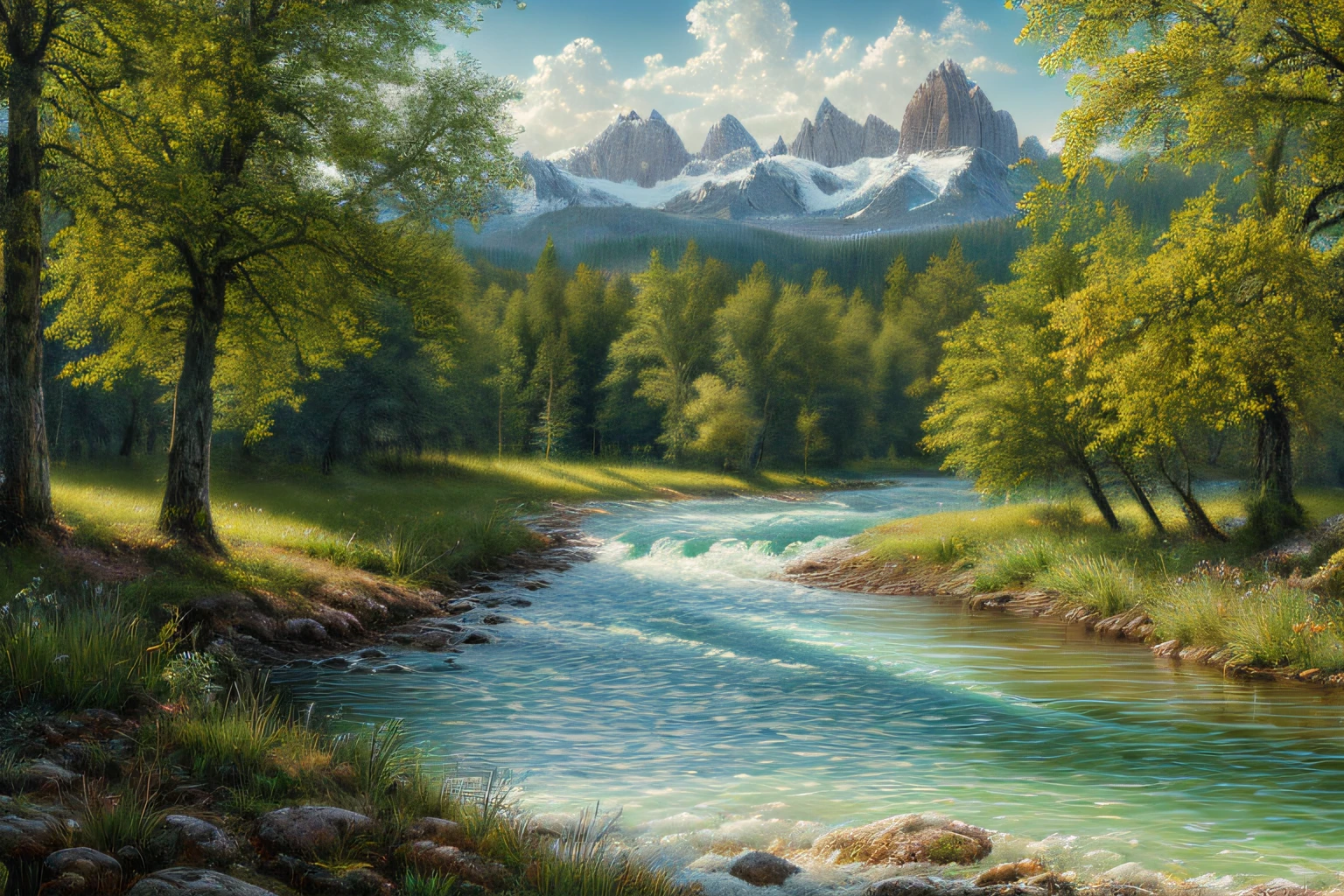 paysage,arbres,  Eau, (Highly detailed CG Unit 8k wallpaper), The most beautiful work of art in the world, Professional majestic oil painting, complexe, High detail, mise au point nette, dramatique, Art of photorealist painting