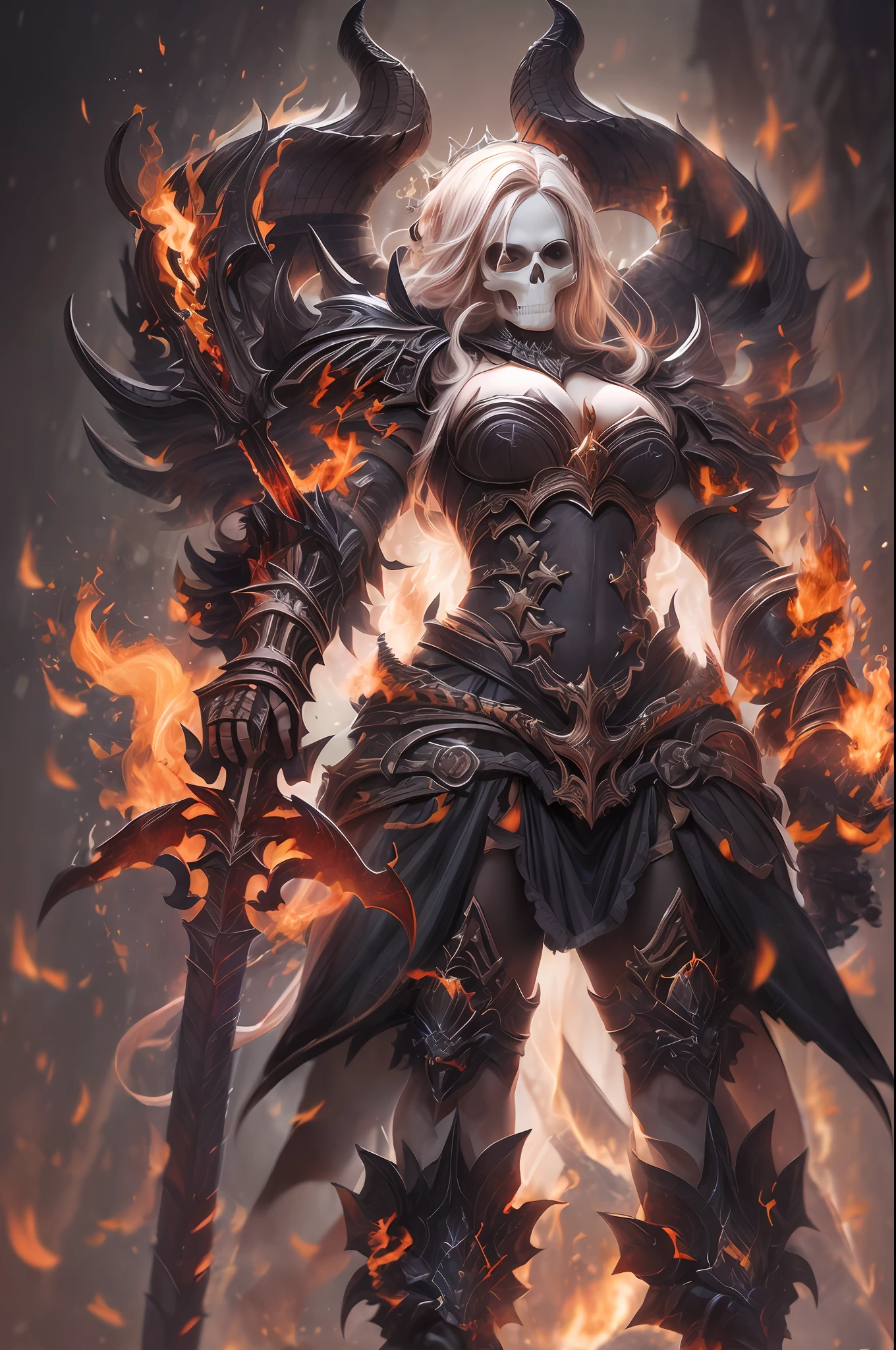 (low angle view:1.5), (full body:1.5),1 Female Demon Warrior, skull, black armor, (holding a flaming sword:1.4), Skeletal ram horns crown, Flame Shoes, Dynamic Digital Painting, (Bokeh:1.5)，masterpiece, super detailed, epic composition, highest quality, 4K