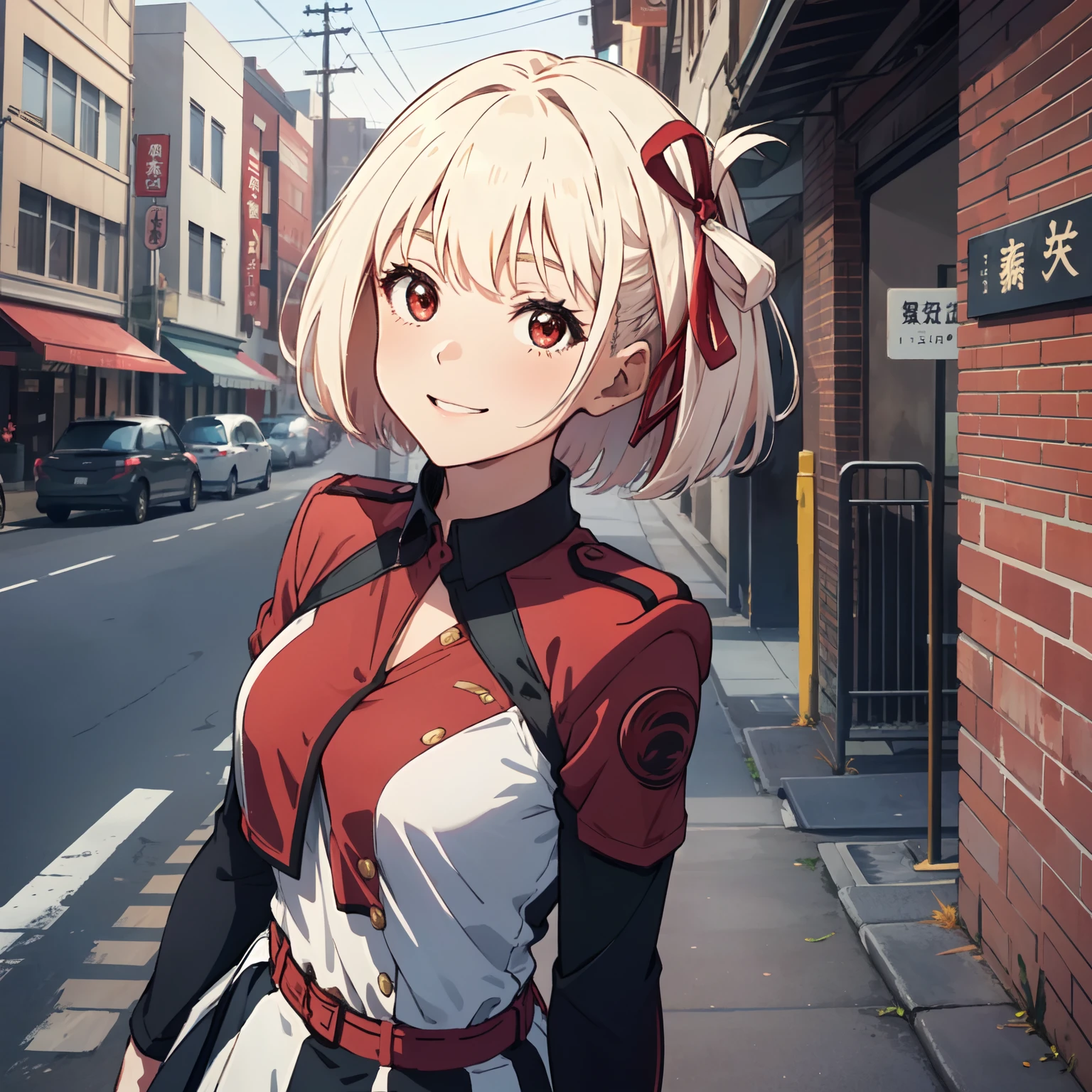 Chisato_Nishikigi_\(Lycoris_Recoil\), masterpiece, best quality,1girl, solo, bangs, left hair ribbon, (medium breasts:1.4), red eyes, short hair, smile, solo, white hair, (Strapless:1.1), (cowboy shot:1.2), city, (uniform:1.2), (partially_unbuttoned:1.1), (Externally expanded Chest:1.2), skirt, sexy