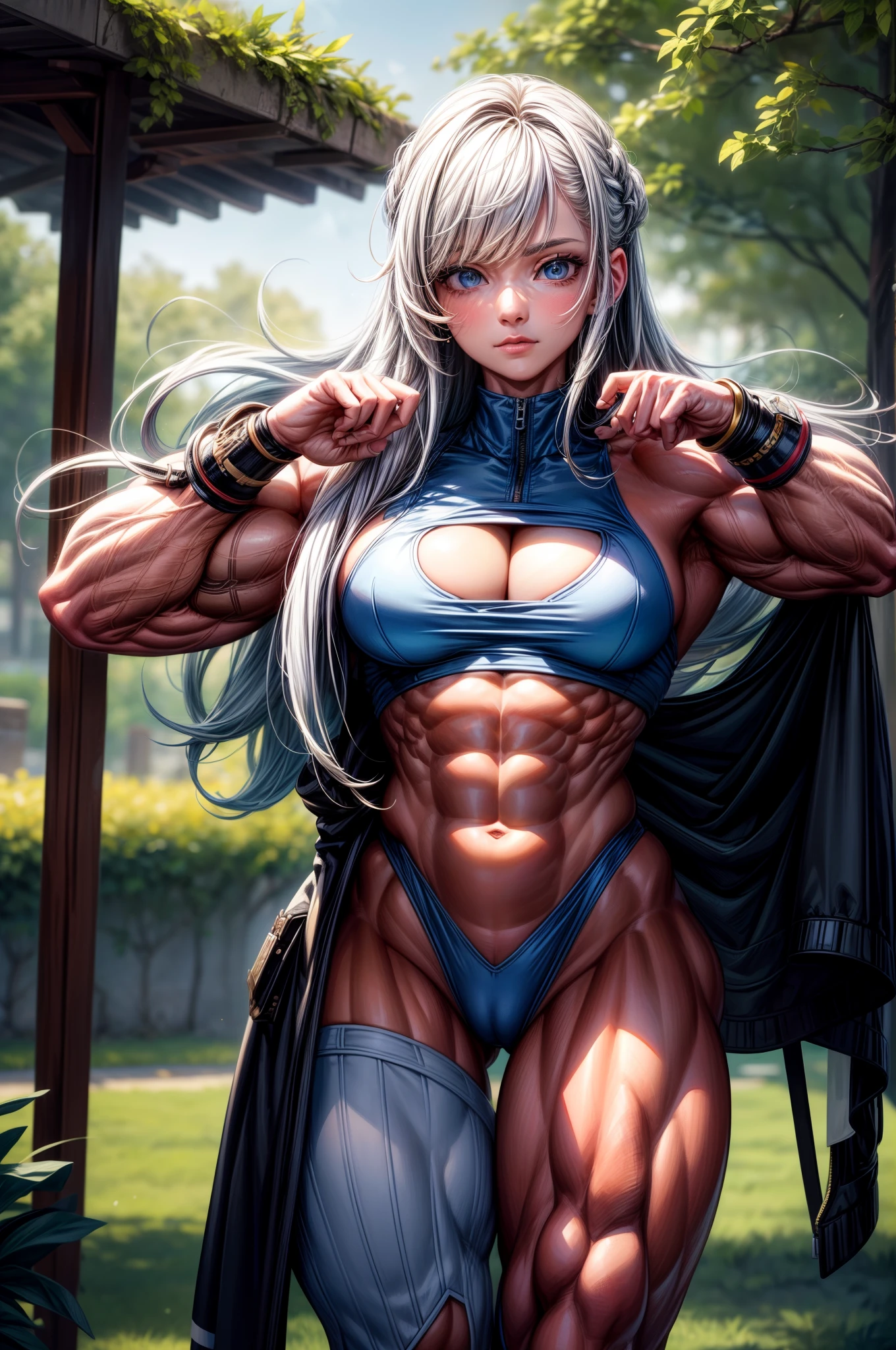 (BEST lighting) , (ultra intricately detailed) , 4K unification, (super-detailed CG: 1.2) , (8K: 1.2),(Original), (Masterpiece) , (Best quality),(Masterpiece:1.4),Anime-ish high quality,(Masterpiece),Masterpiece, Super clear picture quality,Clearer than movies,(Fine face)Best quality, absurderes,((masterpeace, 4K, 8K, Yes, A high resolution))1girll, schoolgirls,She was in the garden,Ten strong abs,standing on your feet,Exposing the abdomen, Crop topping,There are bulges of dense veins on the arms,Spring, Boots, Perfect figure, Long silver hair, Dynamic pose,Legs exposed,Strong leg muscles ((body builder:1.5)),Spring Garden,(Beautiful bace),(Girl),(Female),(((Upper body:1)))