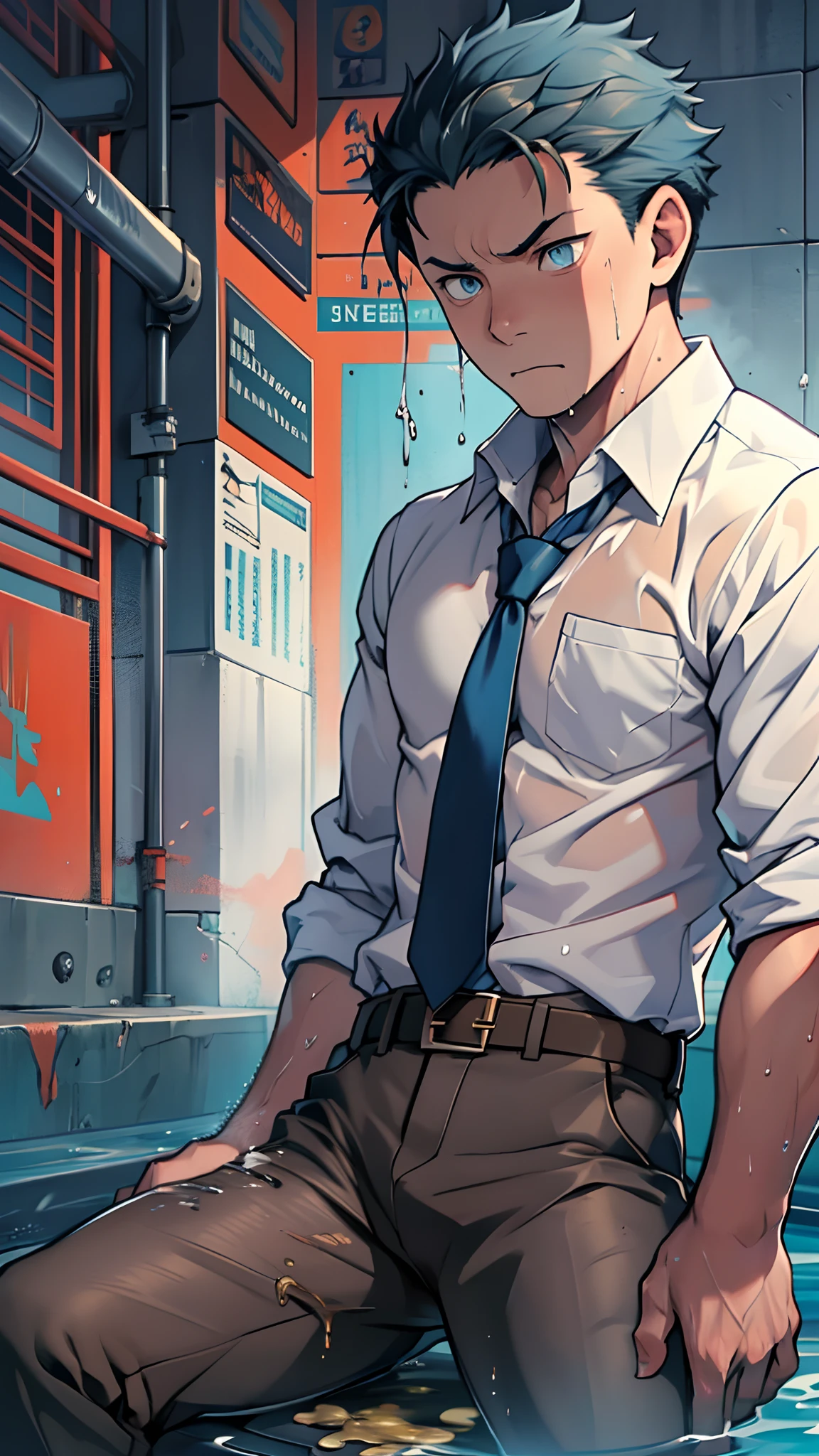 (1 Adult male),A high resolution, Sharp focus, Pixiv masterpiece, ((Complicated details)), highly detailed, natsuki_subaru, 1 man,perfect male figure,Urine on the trouser leg, Nervously bow your head,is shy,embarressed,exhilarated,is shocked,panicking,worry,A pool of urine formed around him,Very eager to pee,Unbearable,Wet yourself,Urine discharge,full bodyesbian,sit astride,Tired,decadent, blue color eyes(eyes glowing), Short yellow hair,white shirt,Wear a tie,Wear a belt,trousers,perspire,Drenched,Get wet,pissing,urine flows down the pants,look from down