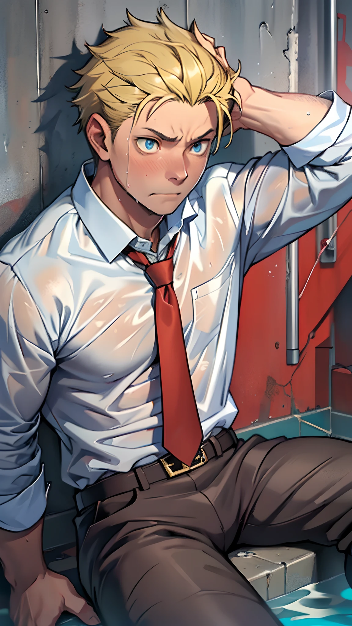 (1 Adult male),A high resolution, Sharp focus, Pixiv masterpiece, ((Complicated details)), highly detailed, natsuki_subaru, 1 man,perfect male figure,Urine on the trouser leg, Nervously bow your head,is shy,embarressed,exhilarated,is shocked,panicking,worry,A pool of urine formed around him,Very eager to pee,Unbearable,Wet yourself,Urine discharge,full bodyesbian,sit astride,Tired,decadent, blue color eyes(eyes glowing), Short yellow hair,white shirt,Wear a tie,Wear a belt,trousers,perspire,Drenched,Get wet,pissing,urine flows down the pants,look from down