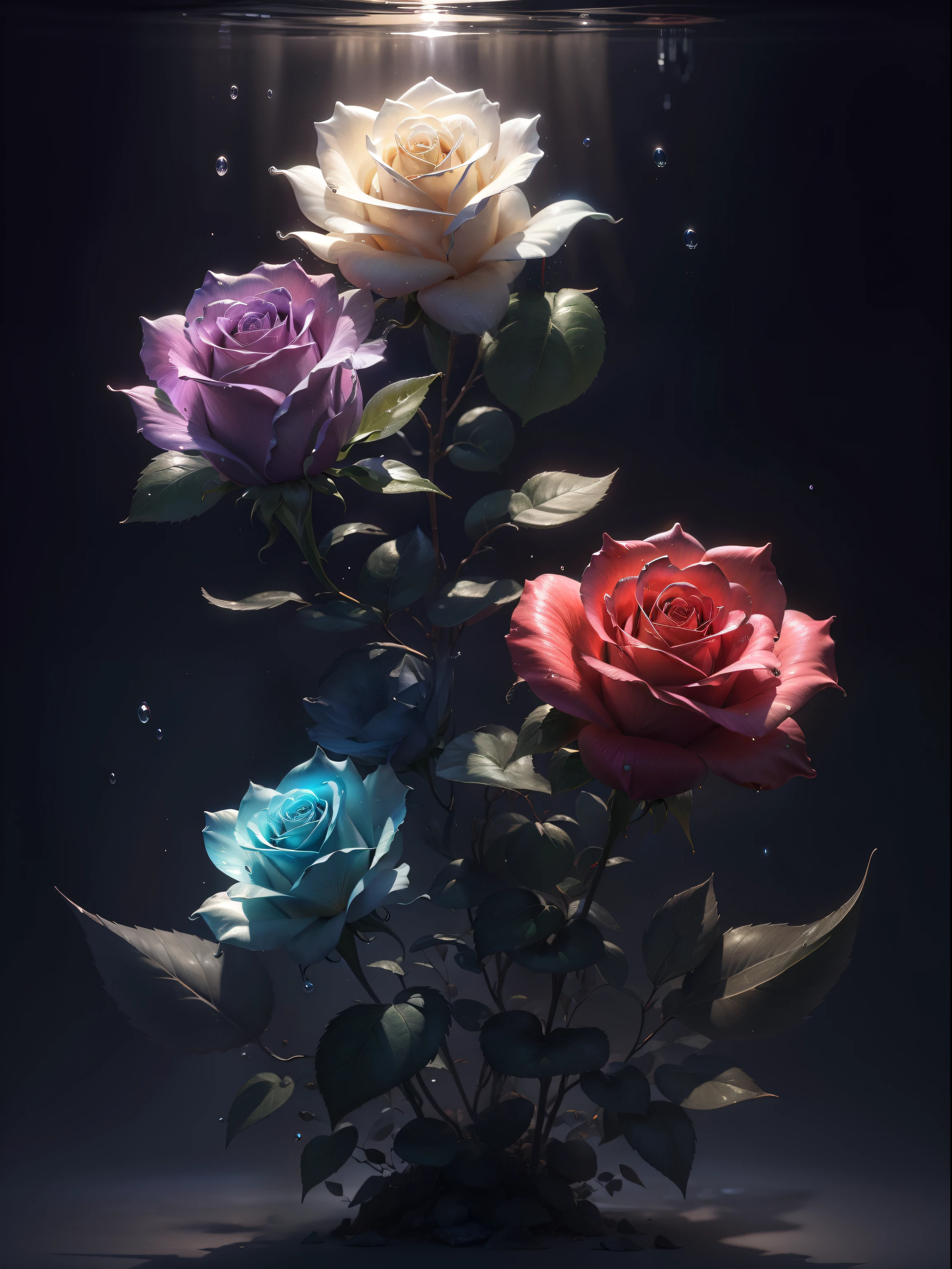 ((A rose flower)), super transparent, Holy Light, beautiful spectral light, petals glow, flashes, Dark background, drops of transparent light, reflective light, Bright, light streaming in, optics, Sharp Focus, Magical, Convoluted, A hyper-realistic, Fantasy composition, light, Trending in art stations, pearls, patronus cloud of silvery vapor, corrosive enveloping ray family, 8K, ureal ar 23v4 uplight