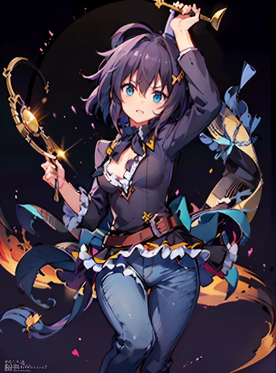 A woman in jeans holds a spear, inspired by Li Shida, konosuba, konosuba anime style, cushart kenz, megumin from konosuba, Aromatic, drak, Ayaka Genshin impact, cushart krentz, yuyushiki, aqua from konosuba