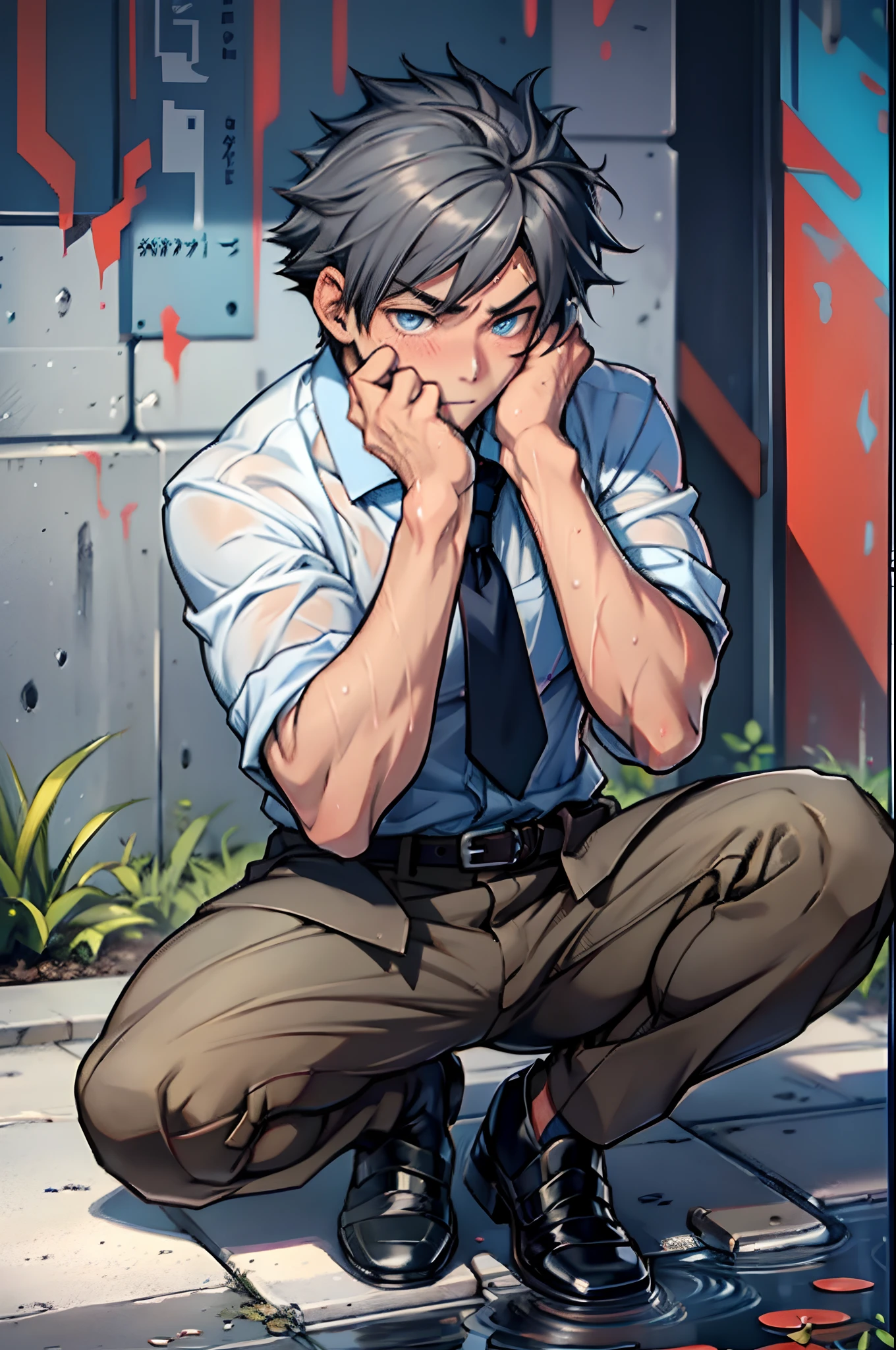 A high resolution, Sharp focus, Pixiv masterpiece, ((Complicated details)), highly detailed, natsuki_subaru,Multi-view upper body,Suit pants view, 1 man(solo person),is shy,Pee on the legs,pissing,Urine runs down the thighs,embarressed,exhilarated,is shocked,panicking,worry,A small puddle of their own urine forms around the feet,full bodyesbian,kneels on the ground,Very eager to pee,It's uncomfortable,Wet yourself,Urine discharge, Sweaty crotch,Drenched,rain,The shirt is soaked,(A gesture of pleading),blue color eyes(eyes glowing), Short gray hair,white shirt,Wear a tie,Wear a belt,Black suit trousers,perspire,